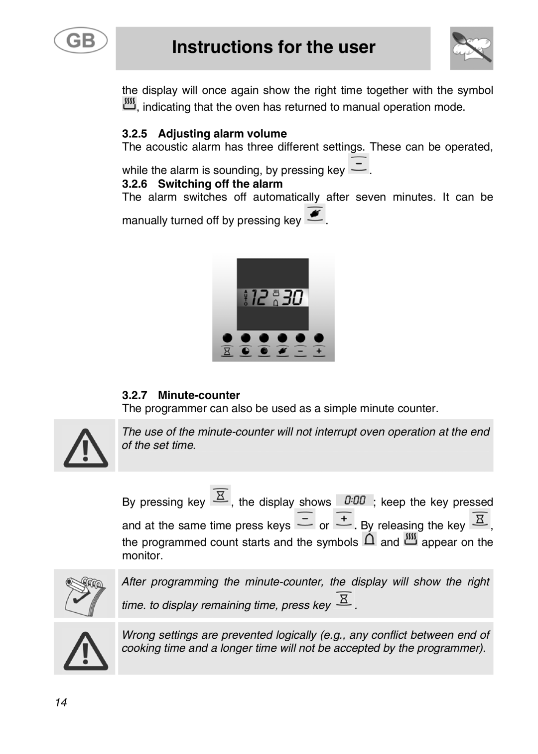 Smeg JRP30GIBB manual Adjusting alarm volume, Switching off the alarm, Minute-counter 