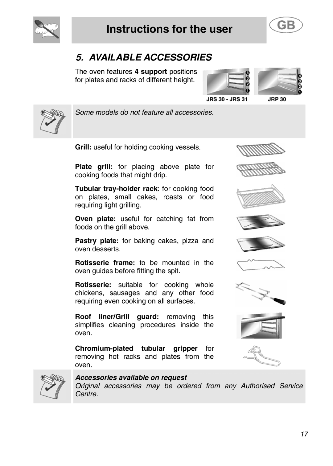 Smeg JRP30GIBB manual Available Accessories, Some models do not feature all accessories 