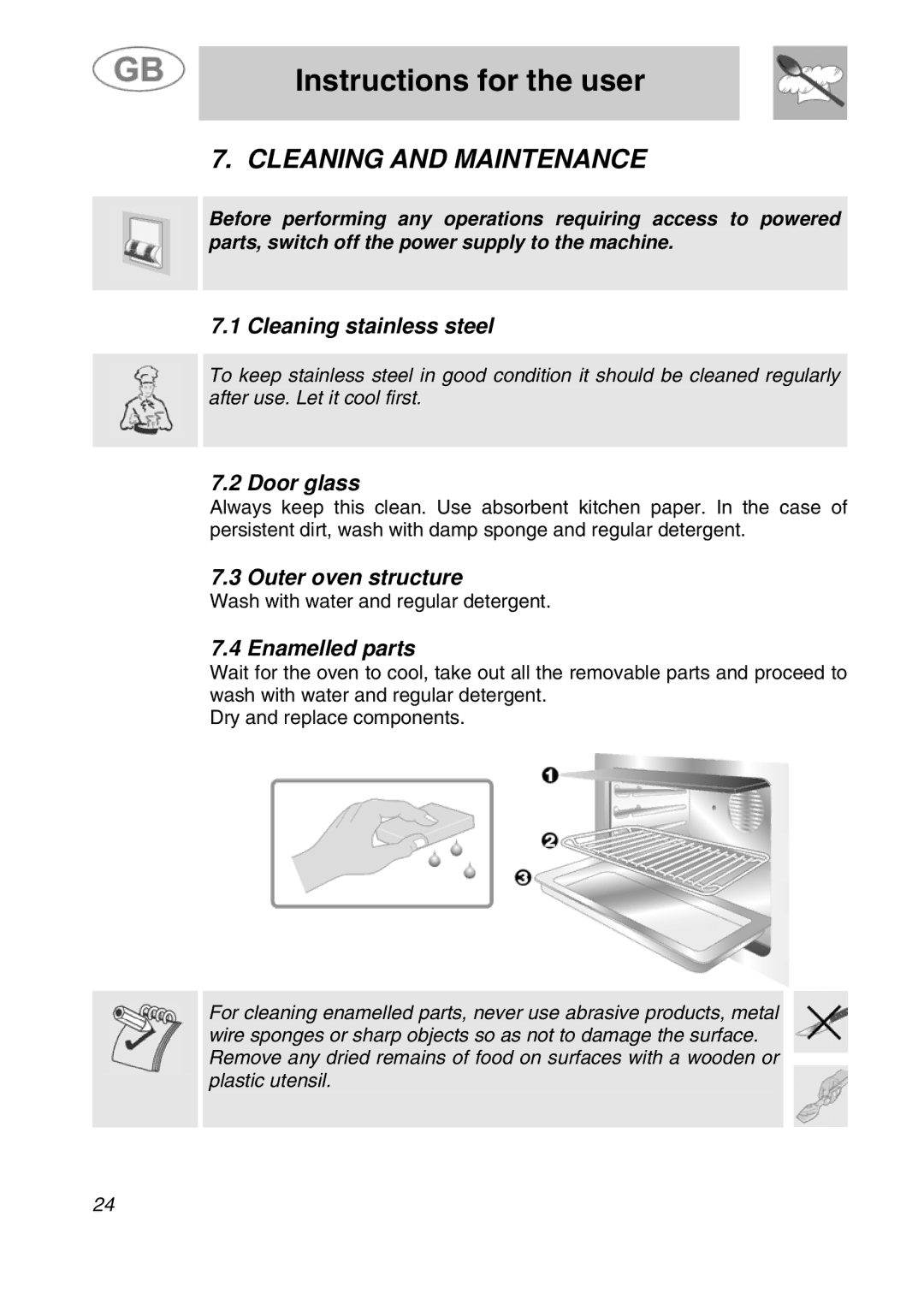 Smeg JRP30GIBB manual Cleaning and Maintenance, Cleaning stainless steel, Door glass, Outer oven structure, Enamelled parts 