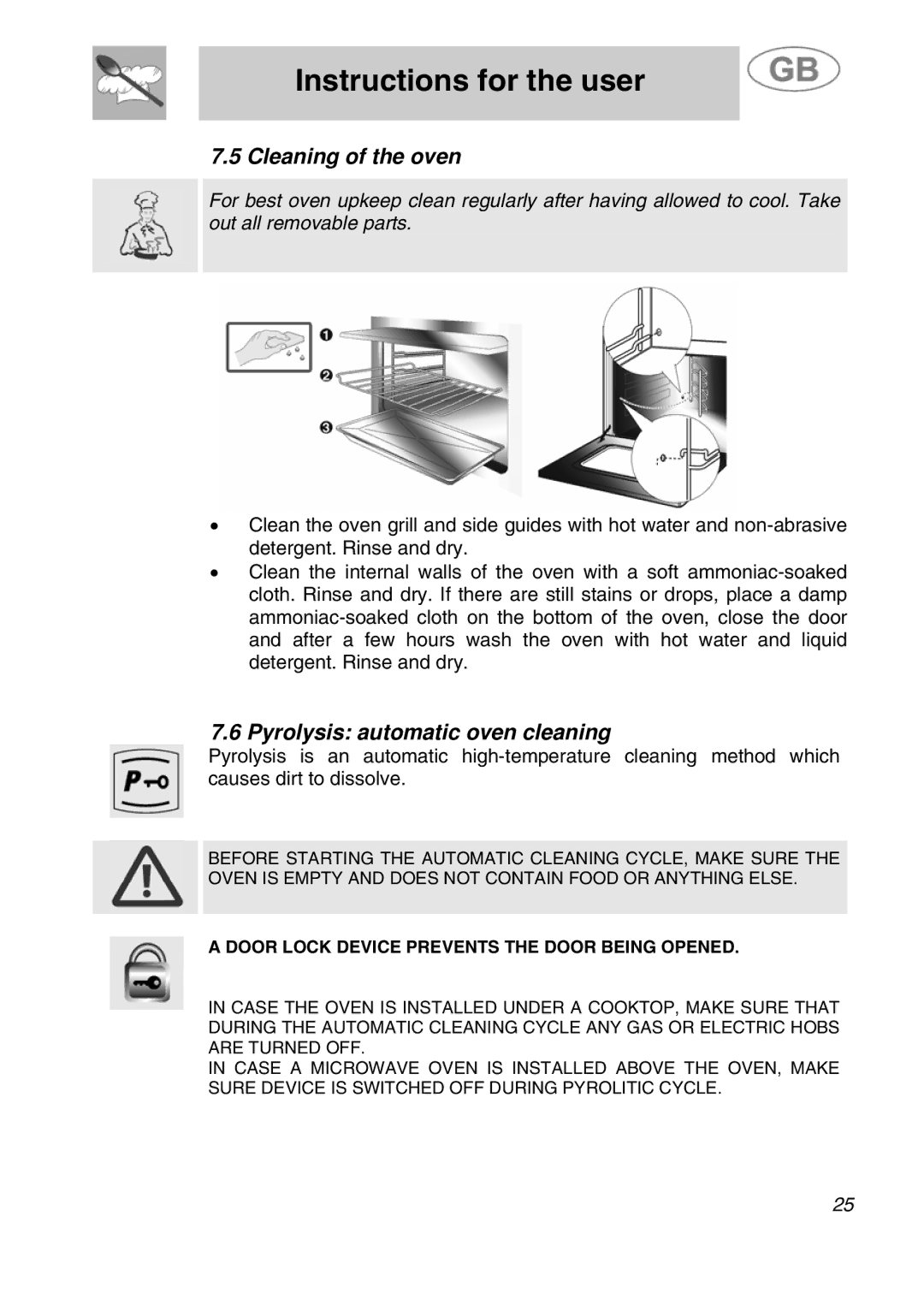 Smeg JRP30GIBB manual Cleaning of the oven, Pyrolysis automatic oven cleaning 