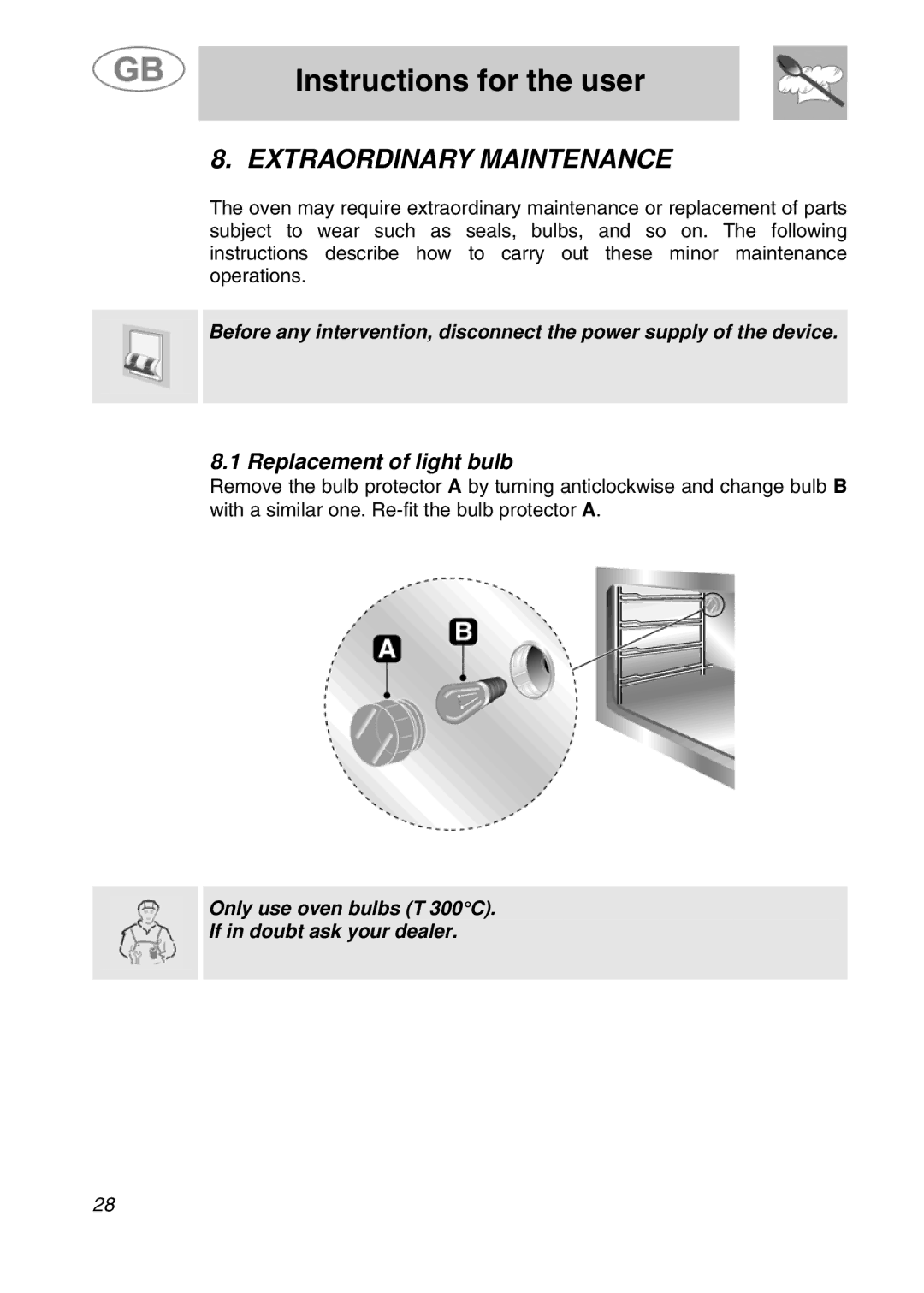 Smeg JRP30GIBB manual Extraordinary Maintenance, Replacement of light bulb 