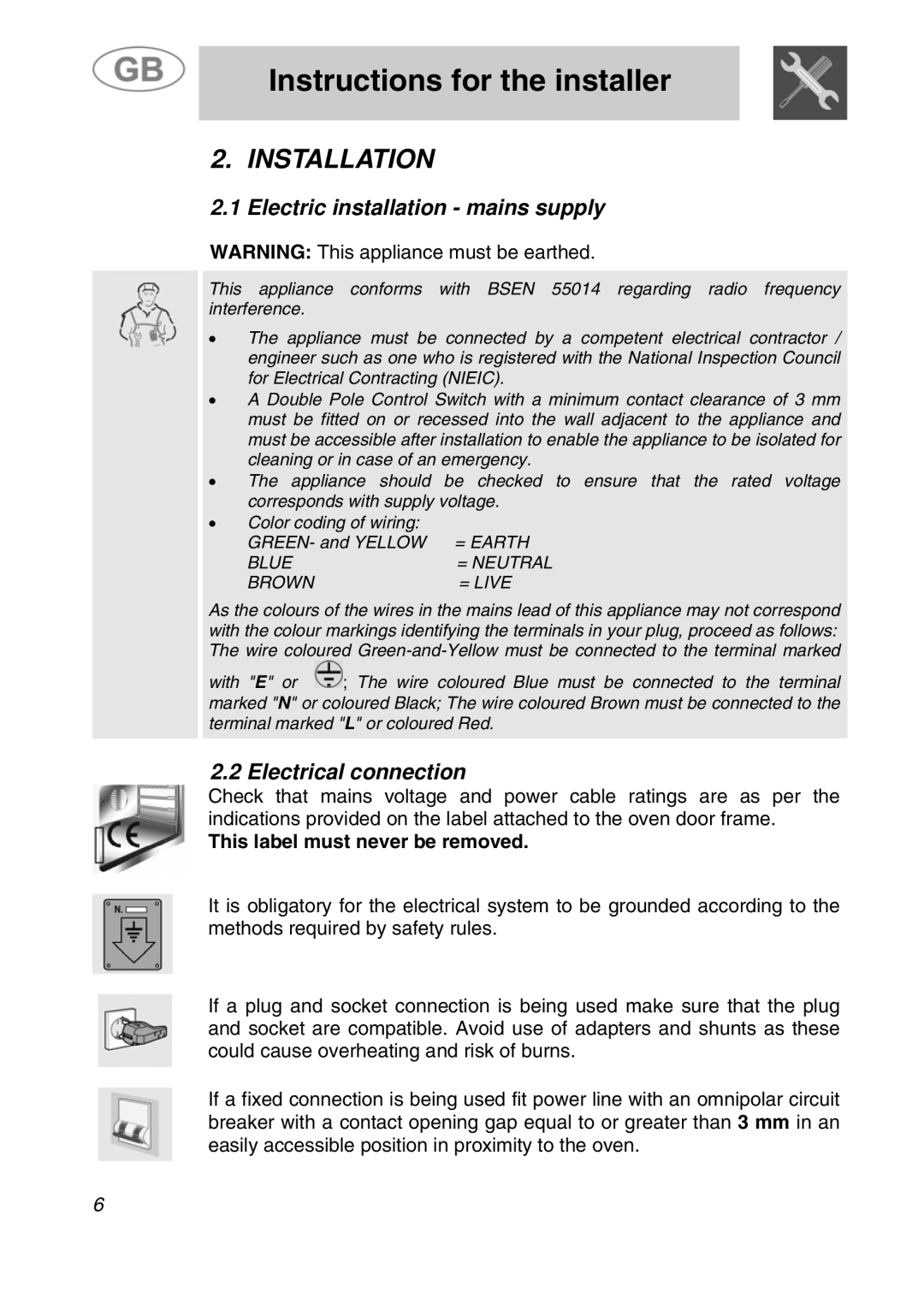 Smeg JRP30GIBB Installation, Electric installation mains supply, Electrical connection, This label must never be removed 