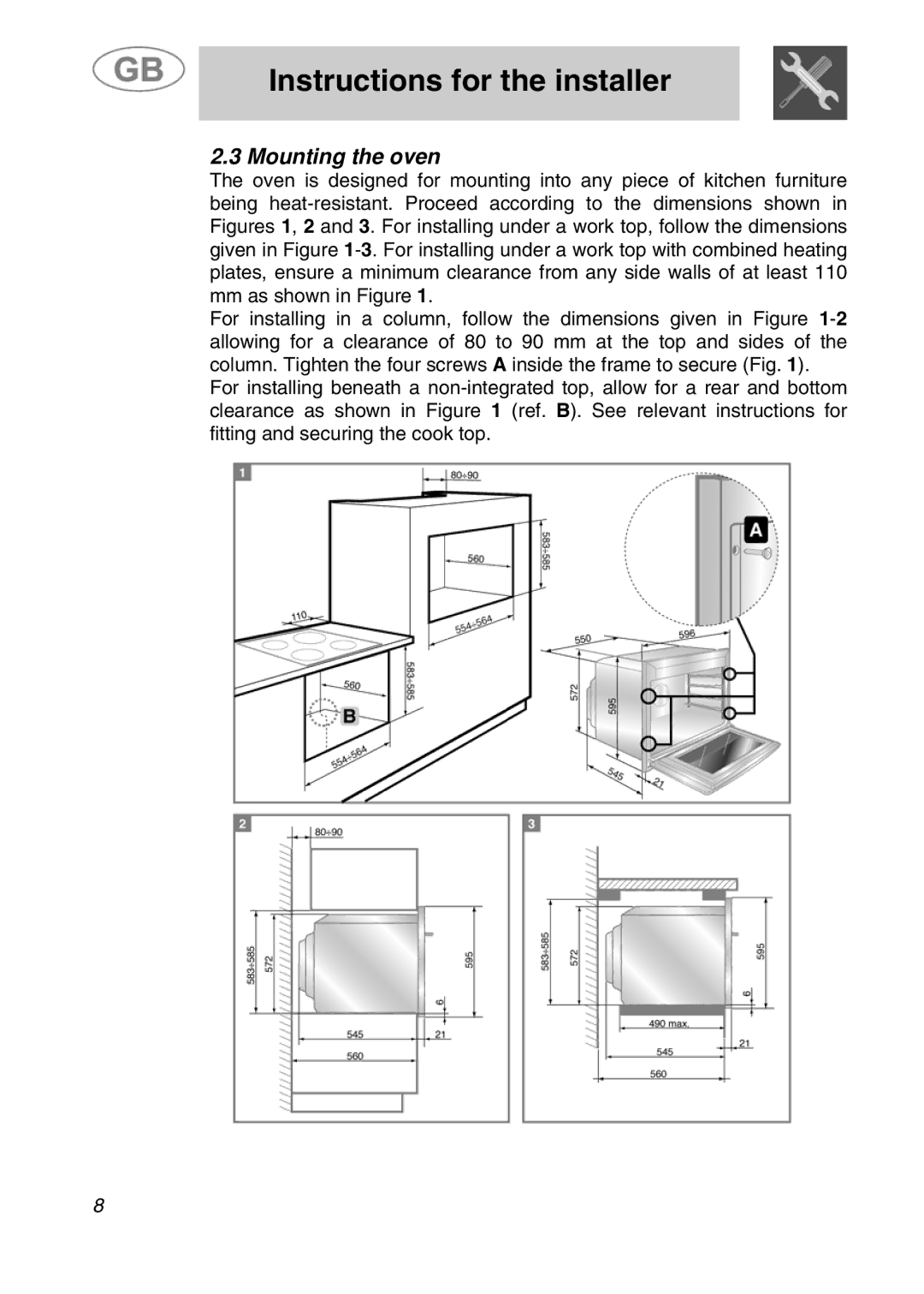 Smeg JRP30GIBB manual Mounting the oven 