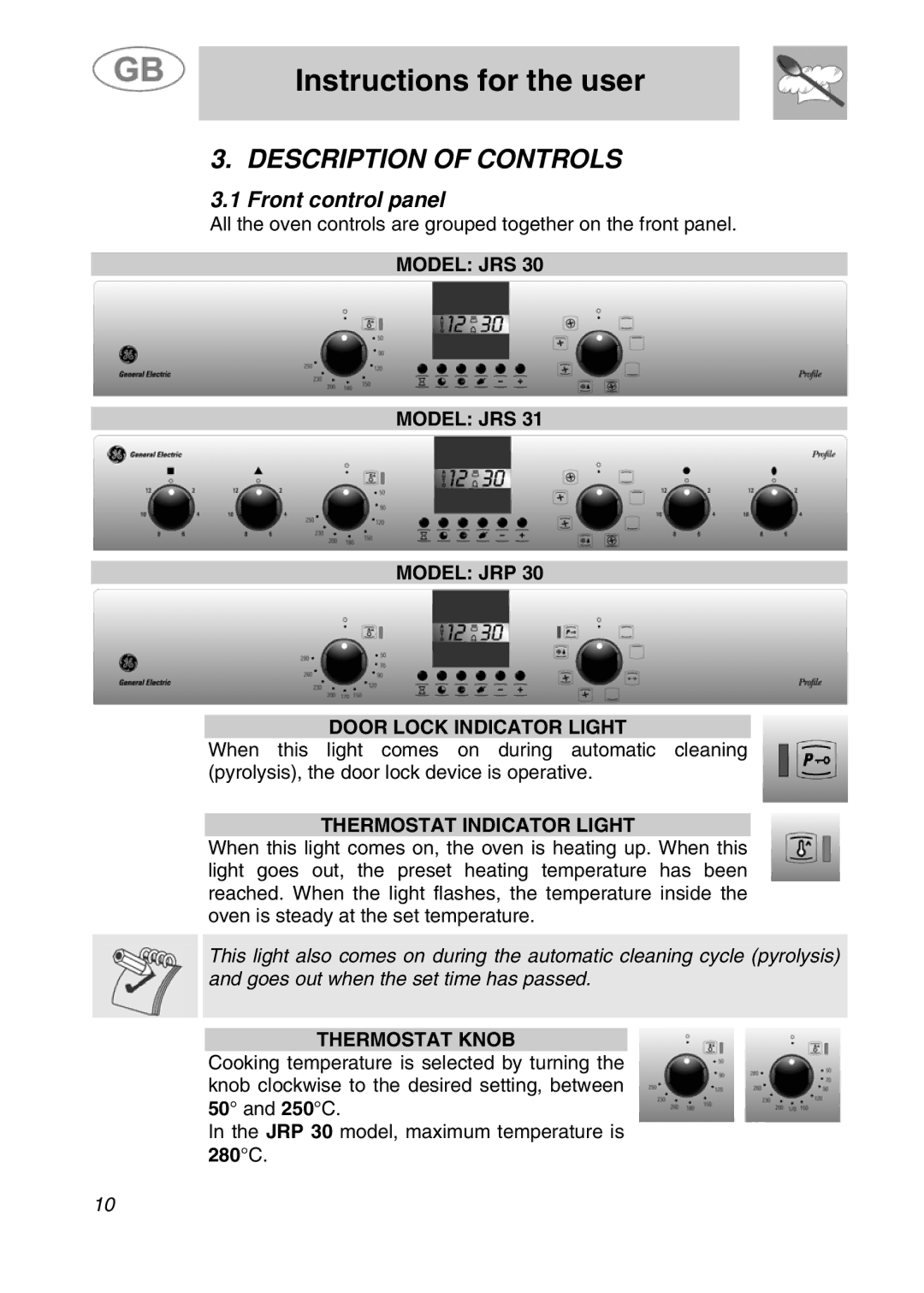 Smeg JRP30GIBB manual Description of Controls, Front control panel, Model JRS Model JRP Door Lock Indicator Light 