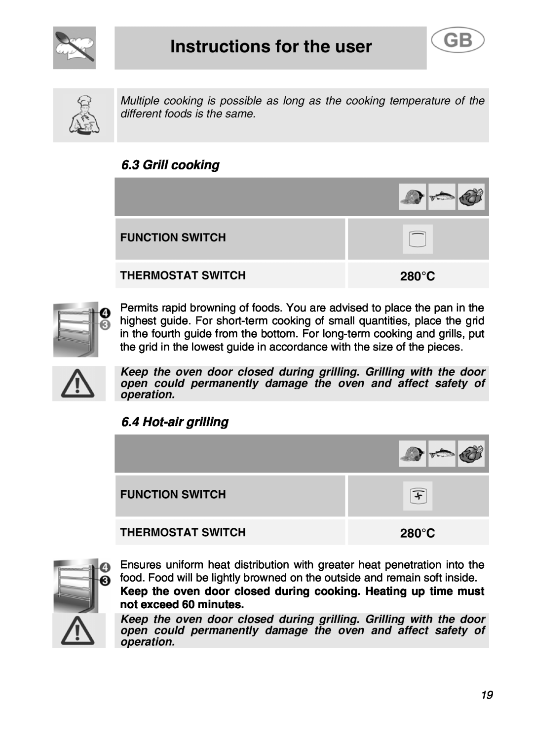 Smeg JRP30GIBB manual Grill cooking, 280C, Hot-air grilling, Instructions for the user, Function Switch, Thermostat Switch 