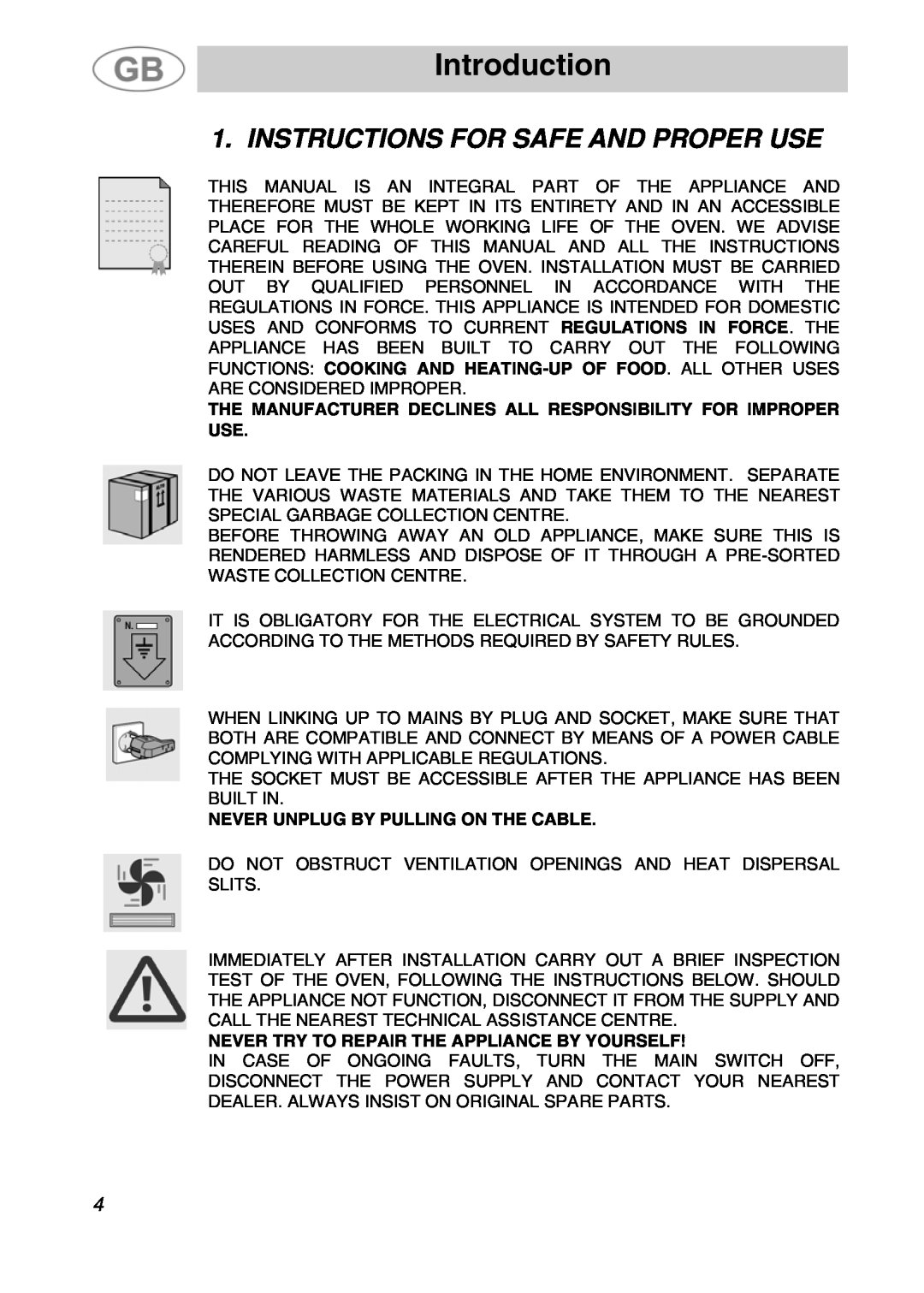 Smeg JRP30GIBB manual Introduction, Instructions For Safe And Proper Use, Never Unplug By Pulling On The Cable 