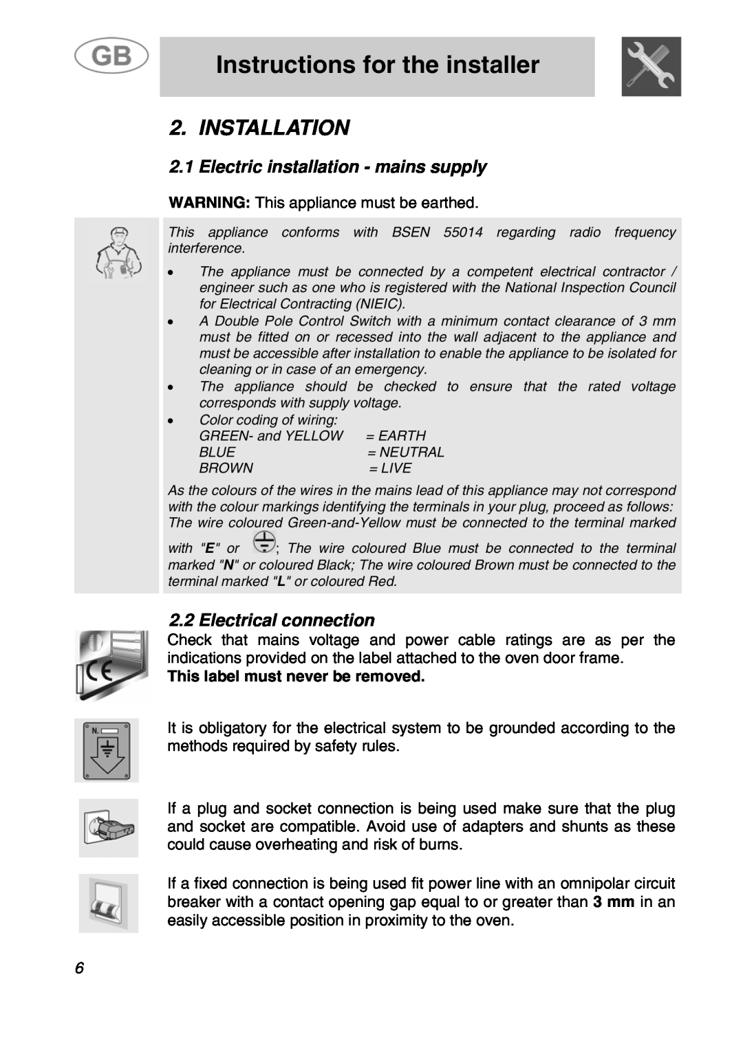 Smeg JRP30GIBB Instructions for the installer, Installation, Electric installation - mains supply, Electrical connection 