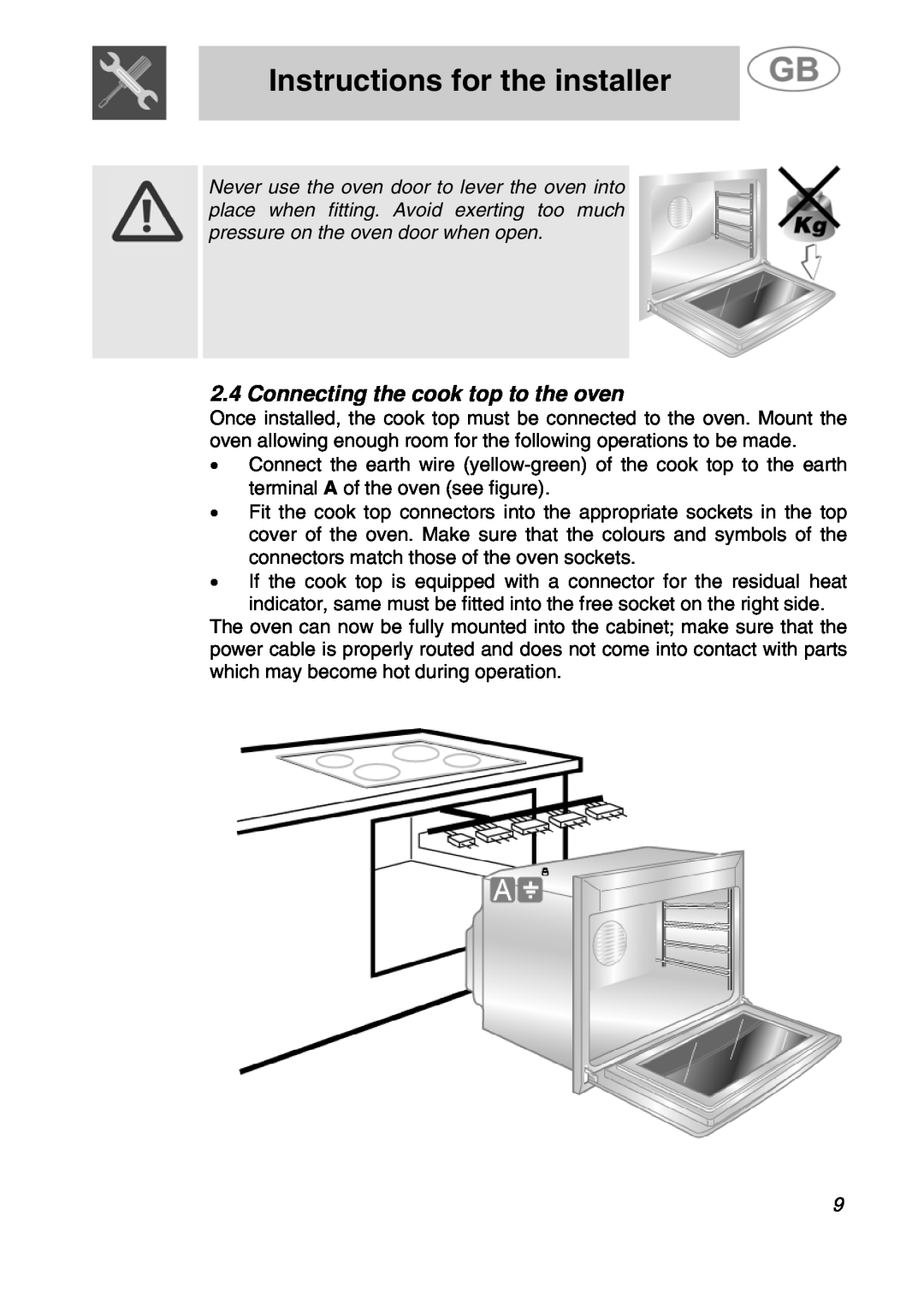 Smeg JRP30GIBB manual Connecting the cook top to the oven, Instructions for the installer 