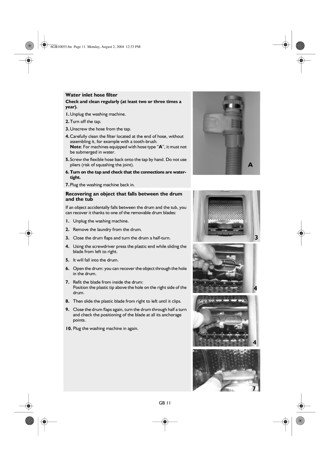 Smeg K400TL manual Water inlet hose filter, Check and clean regularly at least two or three times a year 