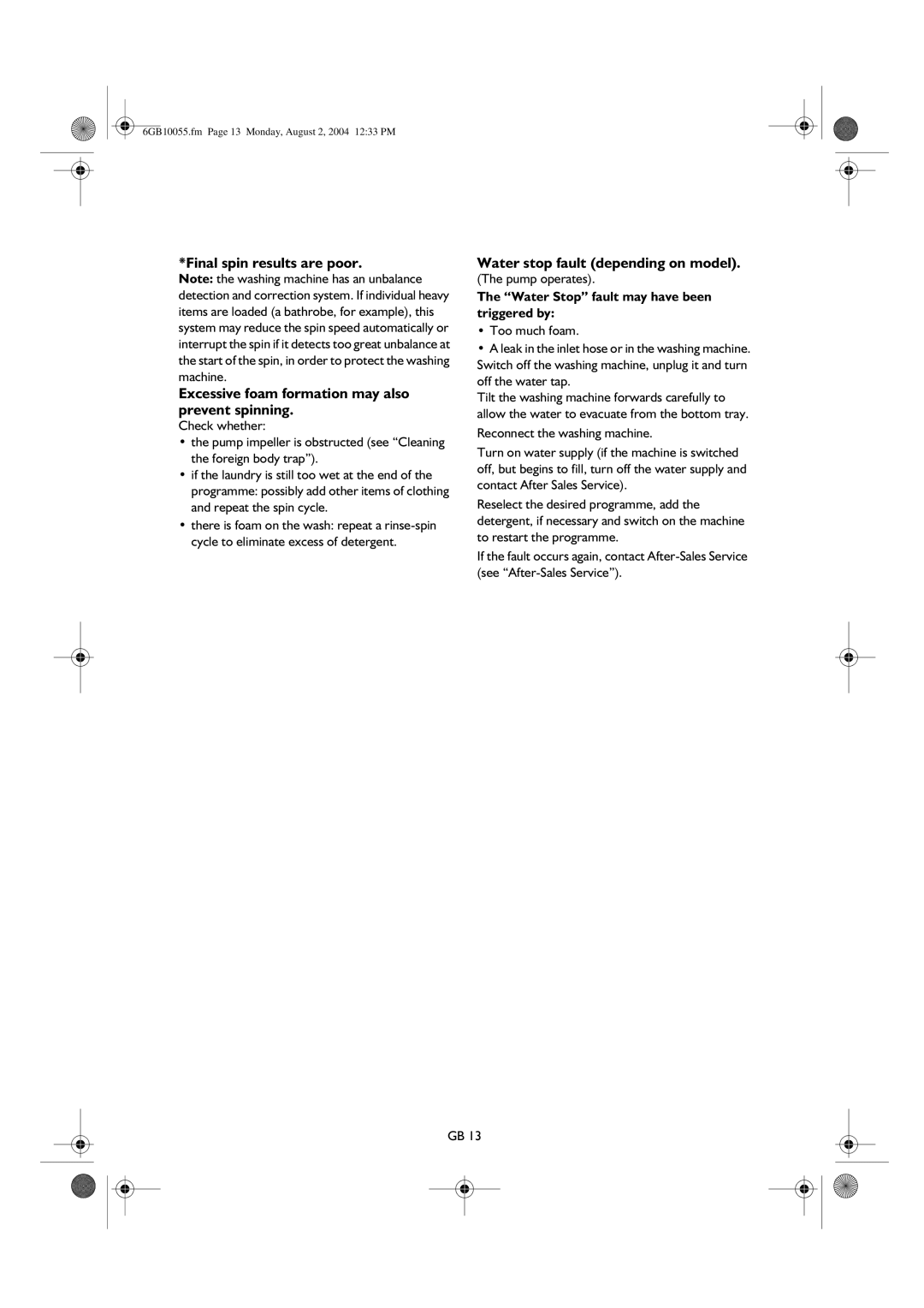 Smeg K400TL manual Water stop fault depending on model, Water Stop fault may have been triggered by 