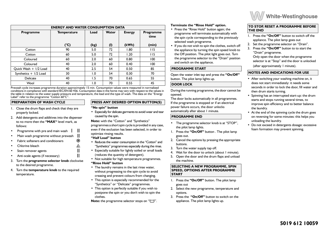 Smeg K400TL manual Programme Temperature Load Water Energy, Min, Terminate the Rinse Hold option, No spin button 