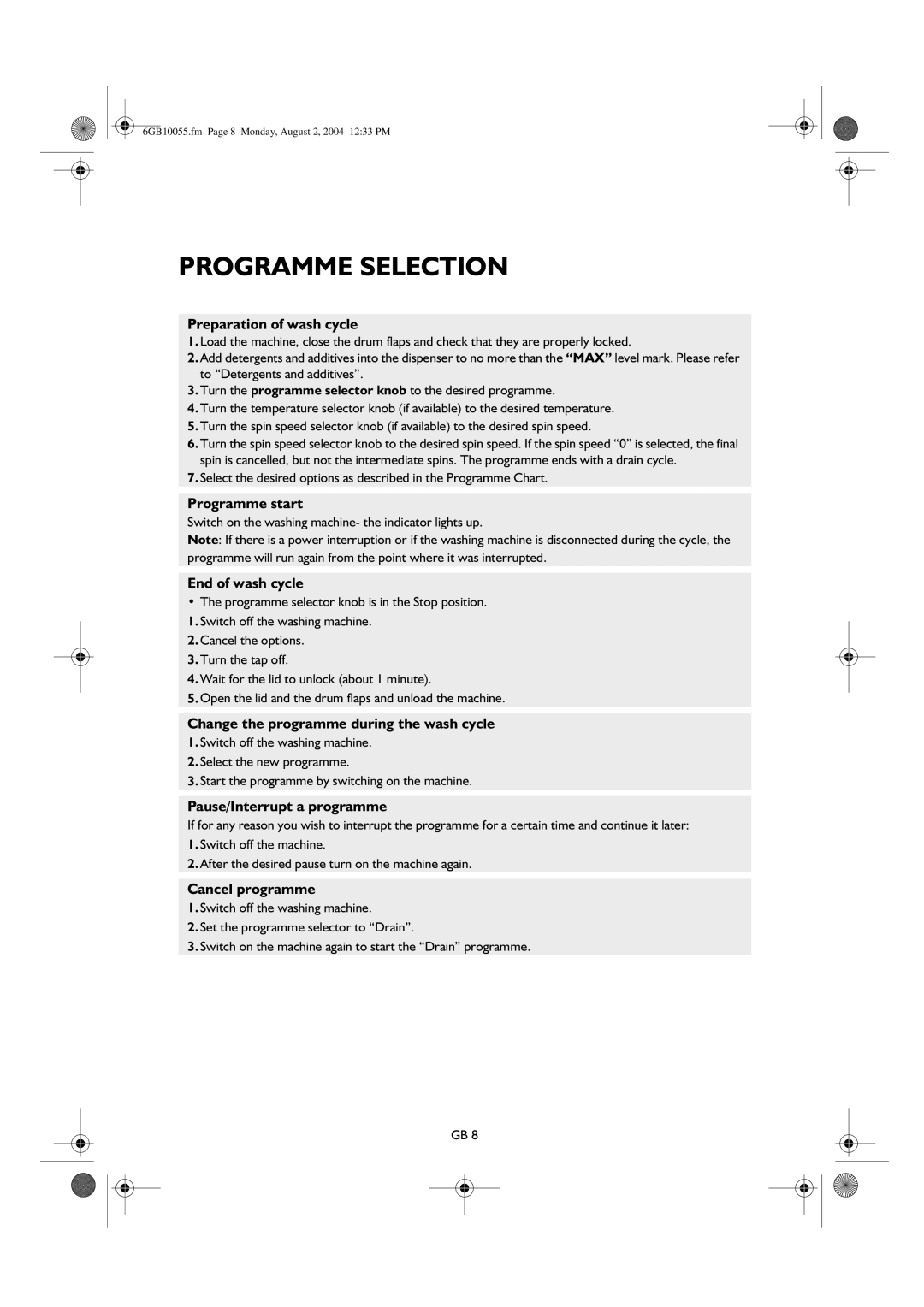 Smeg K400TL manual Programme Selection 