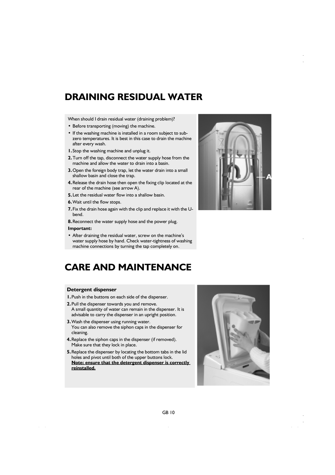 Smeg K600TL1 manual Draining Residual Water, Care And Maintenance, Detergent dispenser 