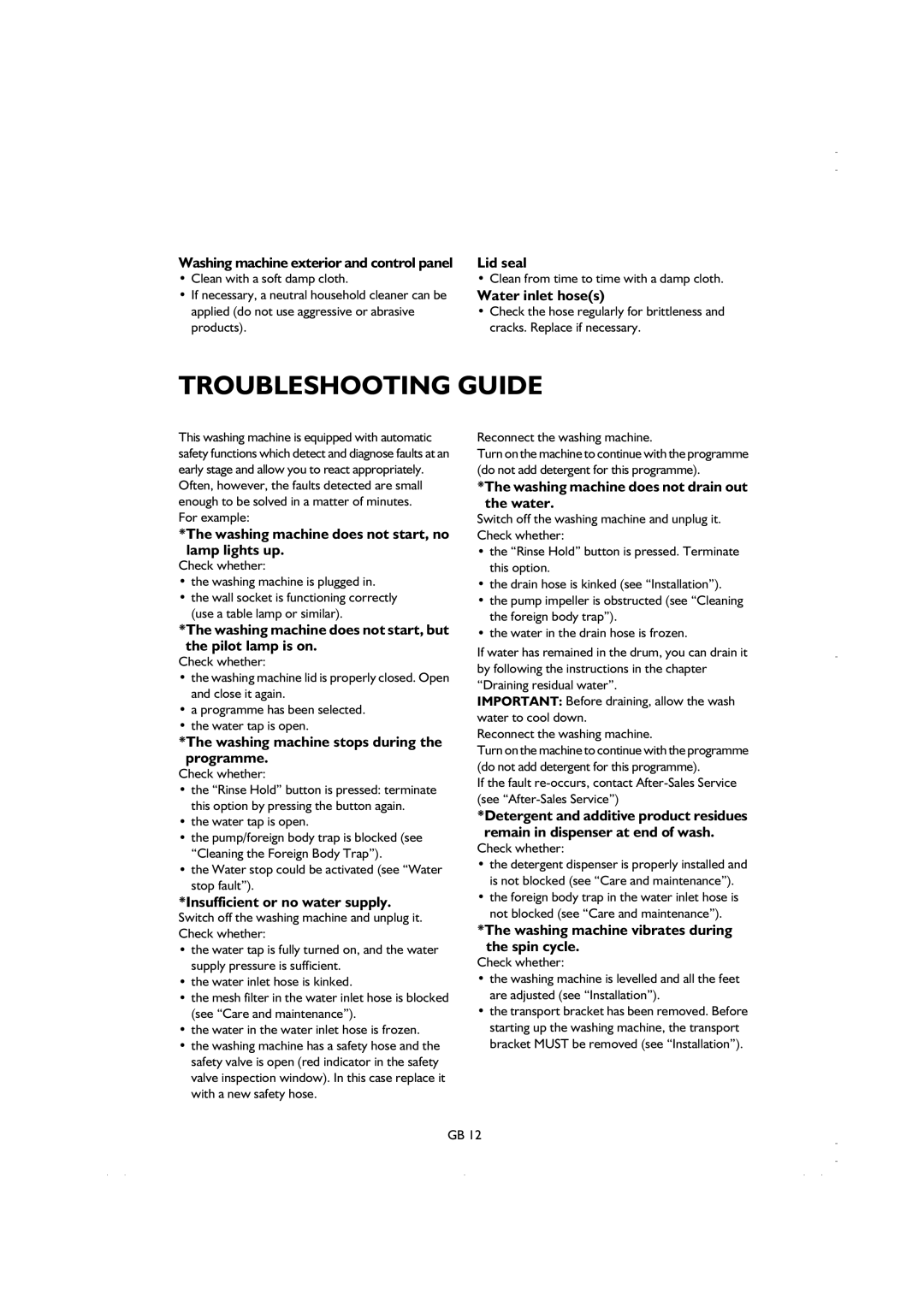 Smeg K600TL1 Troubleshooting Guide, Water inlet hoses, The washing machine does not start, no lamp lights up, Lid seal 