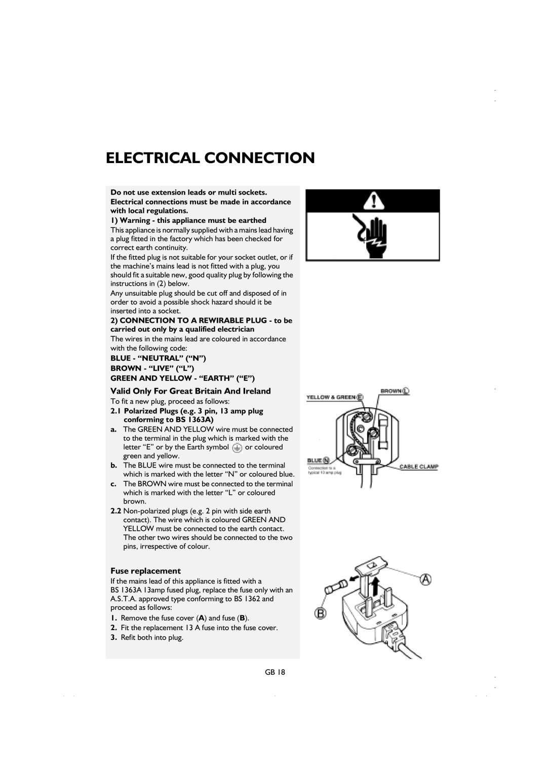 Smeg K600TL1 manual Electrical Connection, Valid Only For Great Britain And Ireland, Fuse replacement 
