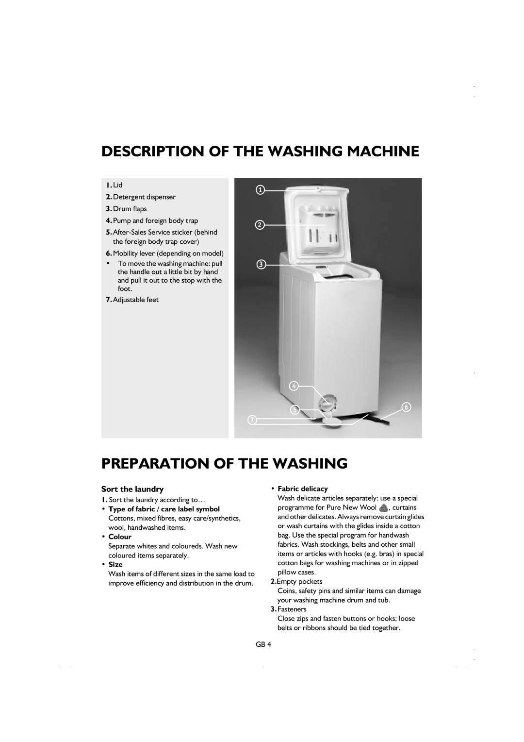 Smeg K600TL1 Description Of The Washing Machine, Preparation Of The Washing, Sort the laundry, Lid, Detergent dispenser 