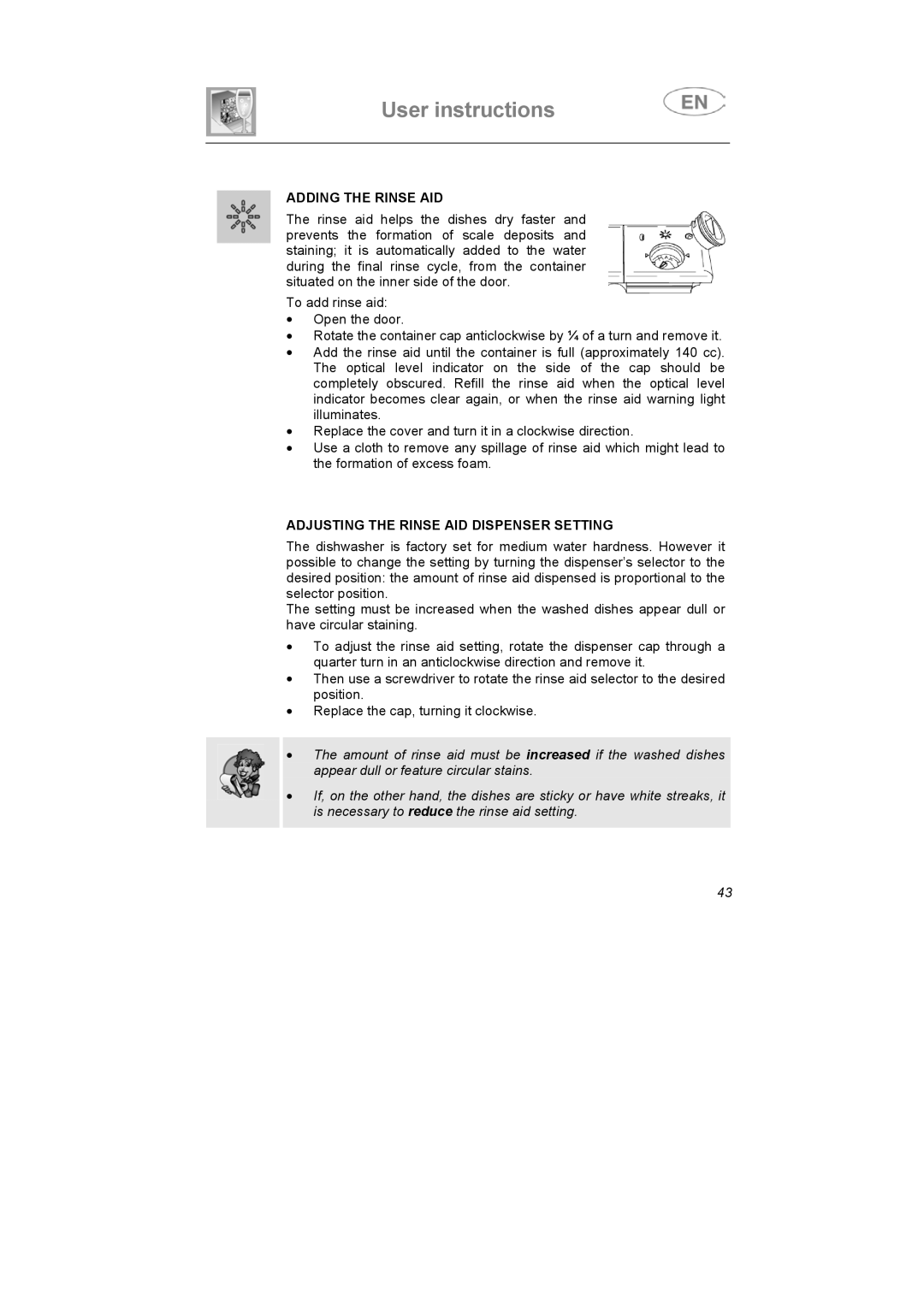 Smeg KAB45-1 instruction manual Adding the Rinse AID, Adjusting the Rinse AID Dispenser Setting 