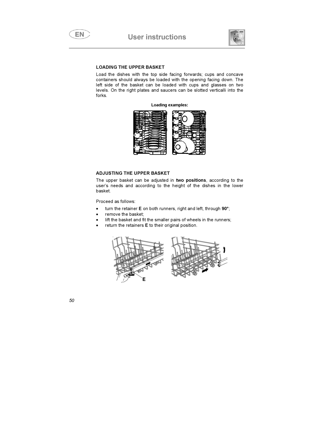 Smeg KAB45-1 instruction manual Loading the Upper Basket, Adjusting the Upper Basket 