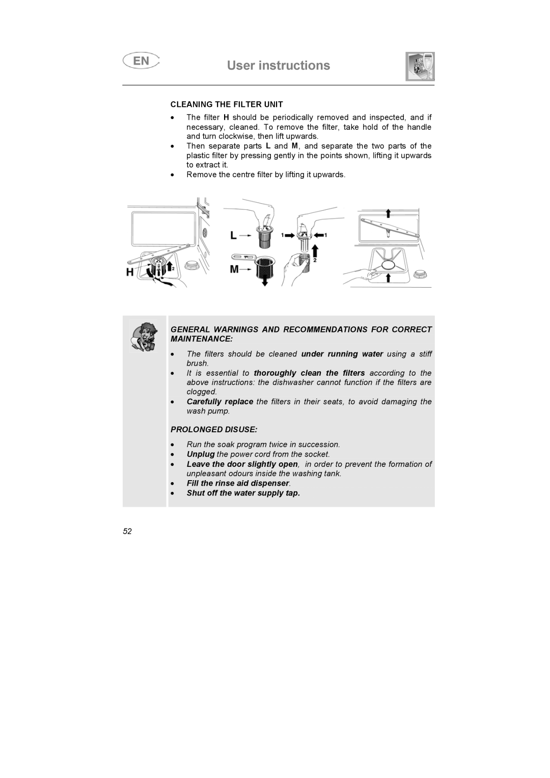 Smeg KAB45-1 instruction manual Cleaning the Filter Unit, Prolonged Disuse 