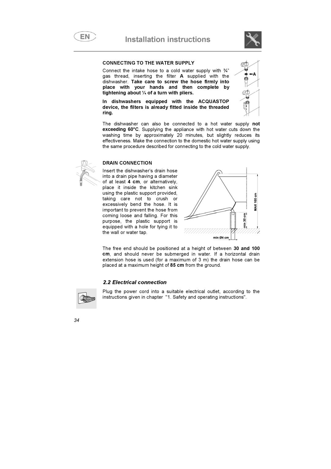 Smeg KAB45-1 instruction manual Electrical connection, Connecting to the Water Supply, Drain Connection 