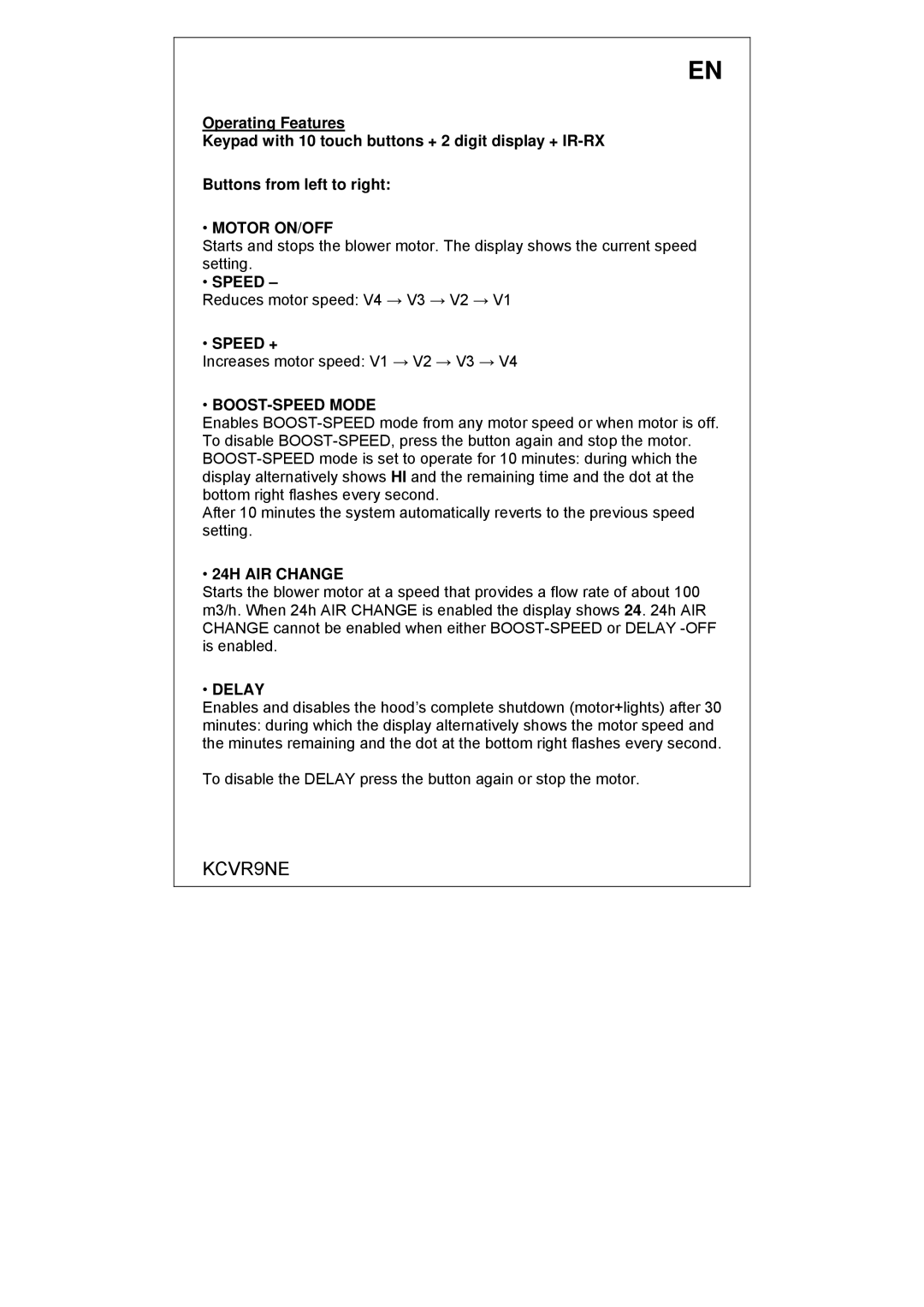 Smeg KCVR9NE instruction manual Motor ON/OFF, Speed +, BOOST-SPEED Mode, 24H AIR Change, Delay 