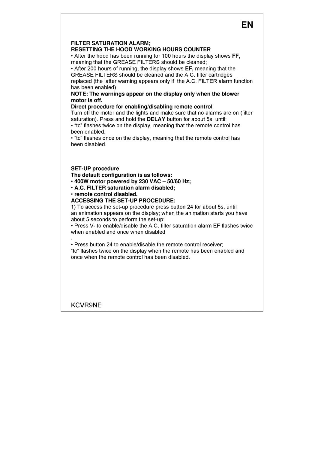 Smeg KCVR9NE instruction manual Direct procedure for enabling/disabling remote control, Accessing the SET-UP Procedure 