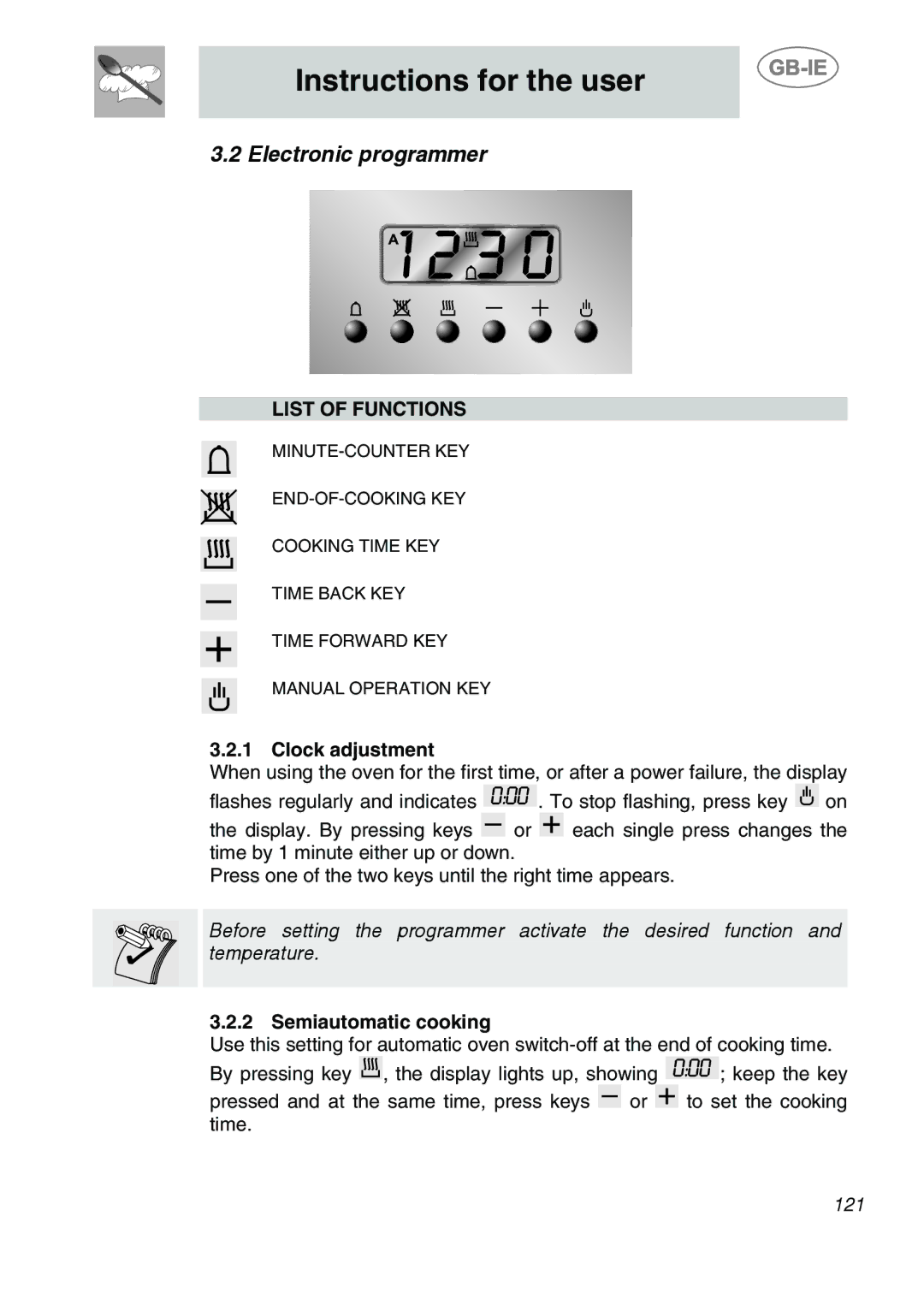 Smeg KE280X, KE455X, KE455EB, KE250X, KE455N manual Electronic programmer, Clock adjustment, Semiautomatic cooking 