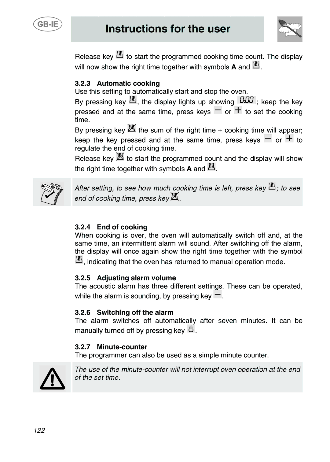 Smeg KE455X, KE280X Automatic cooking, End of cooking, Adjusting alarm volume, Switching off the alarm, Minute-counter 