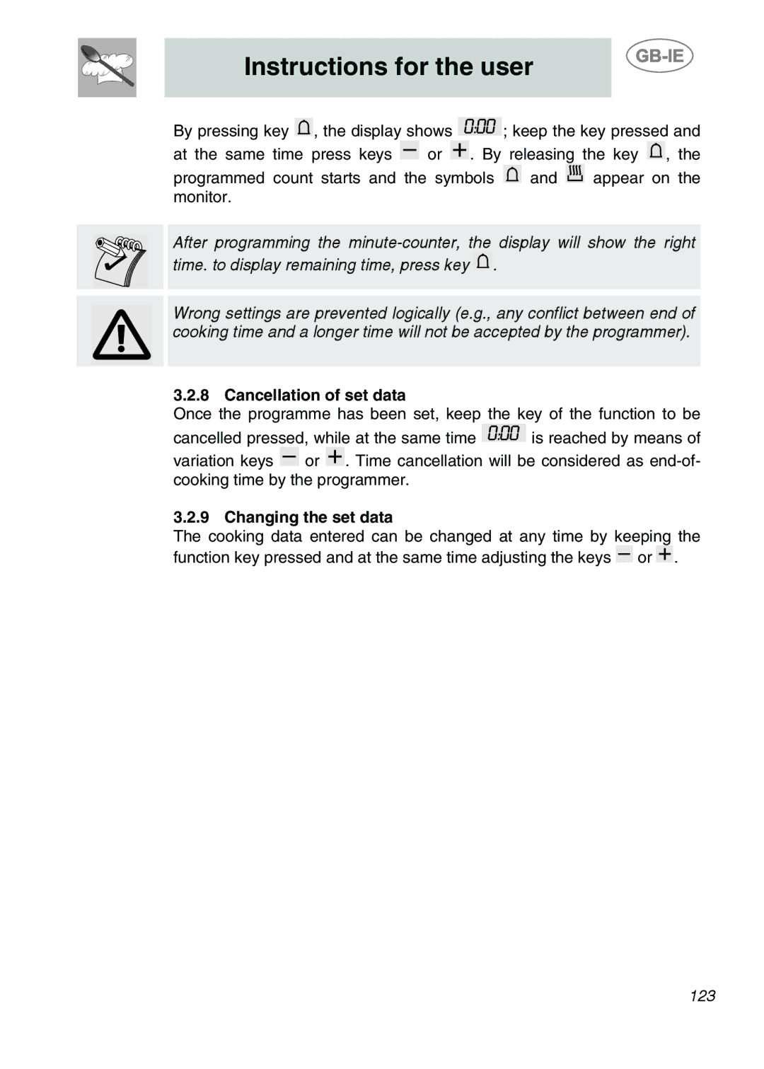 Smeg KE455EB, KE280X, KE455X, KE250X, KE455N manual Cancellation of set data, Changing the set data 