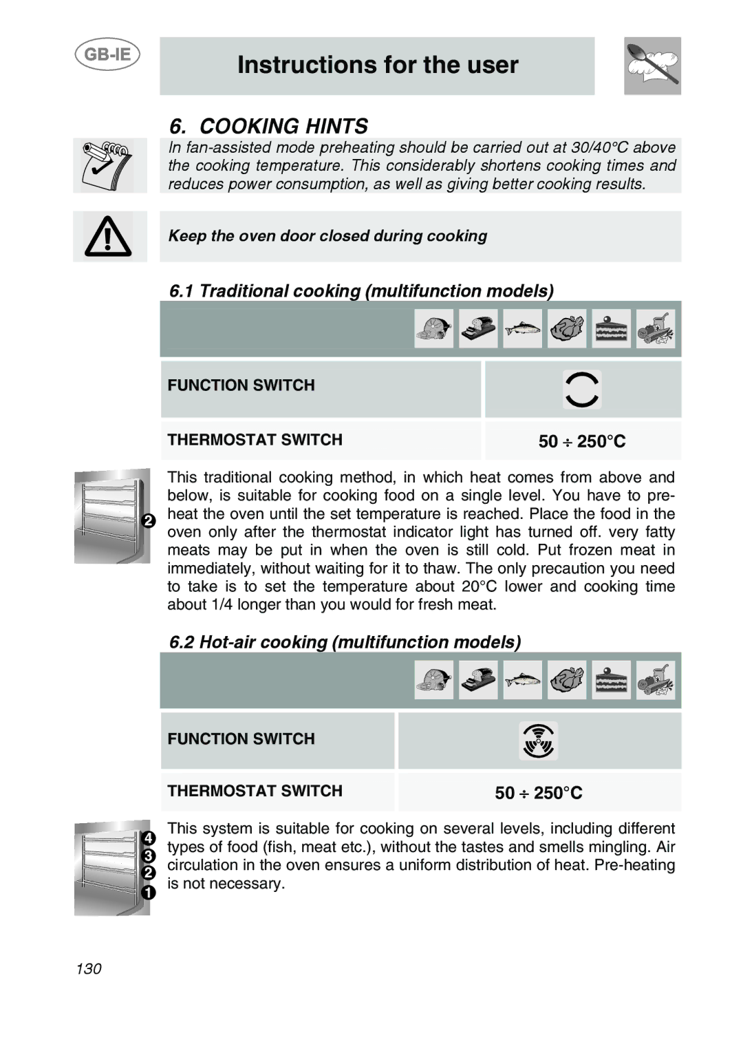 Smeg KE455N, KE280X, KE455X Cooking Hints, Traditional cooking multifunction models, Hot-air cooking multifunction models 