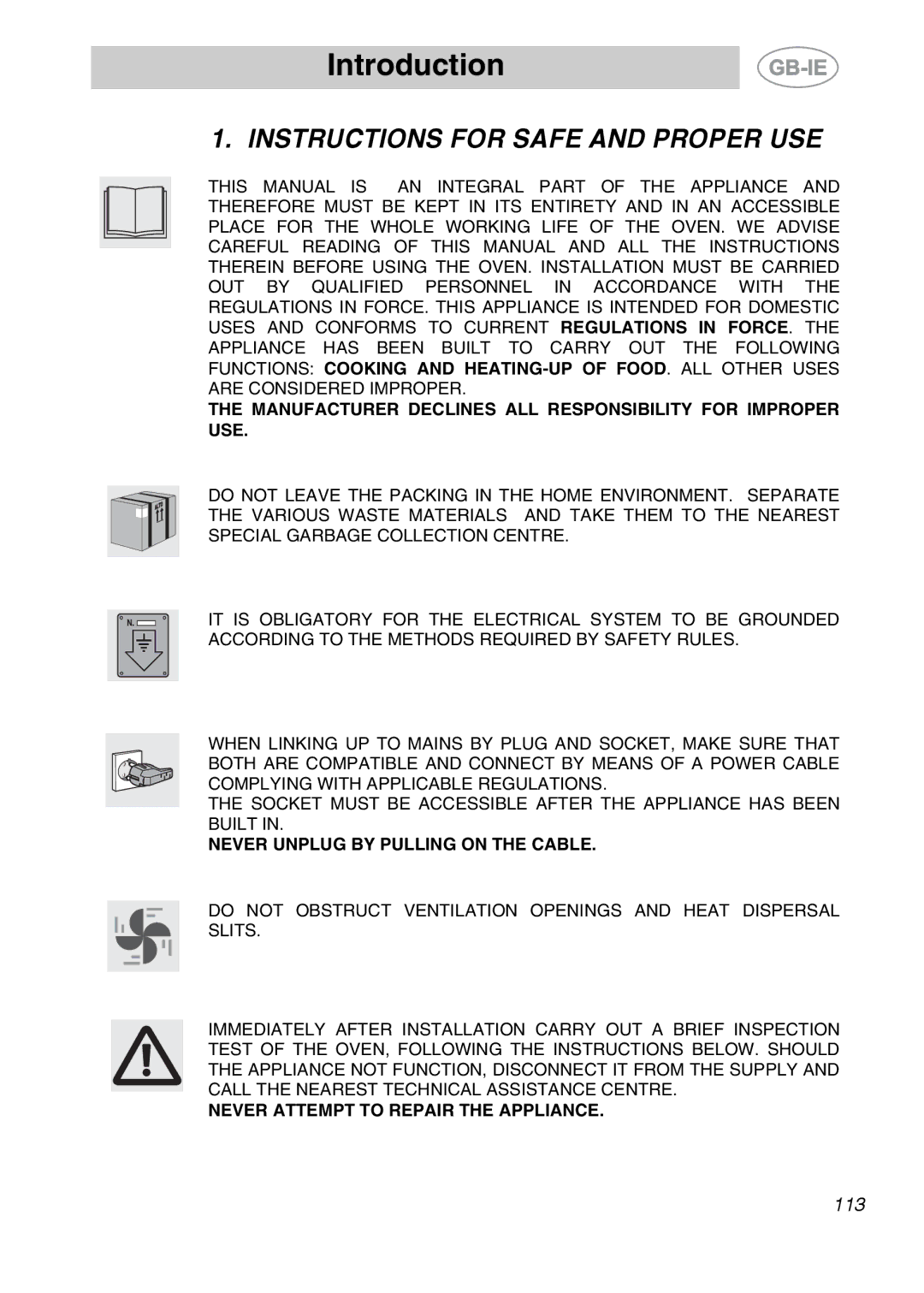 Smeg KE455EB, KE280X, KE455X, KE250X, KE455N manual Introduction, Instructions for Safe and Proper USE 