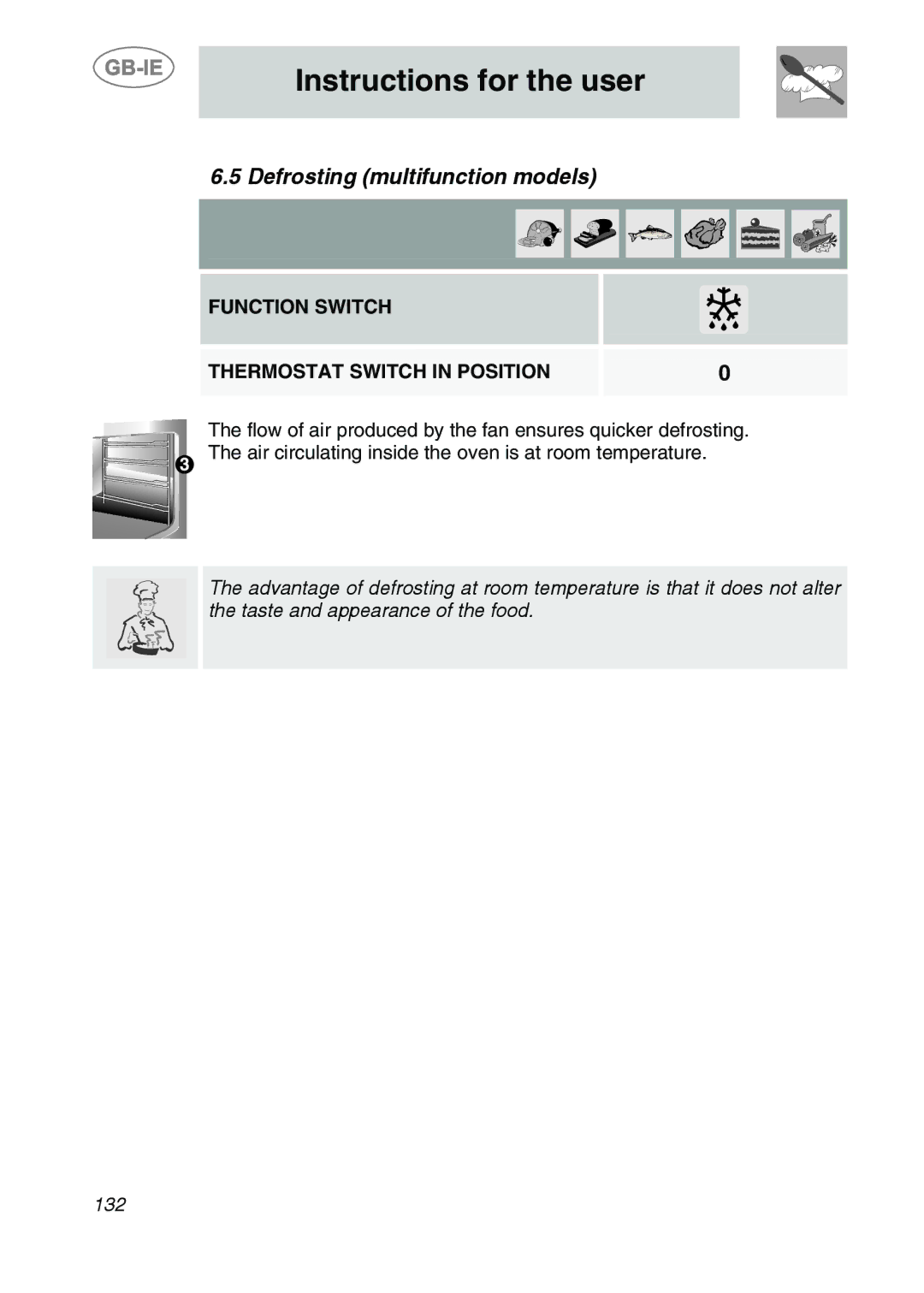 Smeg KE455X, KE280X, KE455EB, KE250X, KE455N Defrosting multifunction models, Function Switch Thermostat Switch in Position 