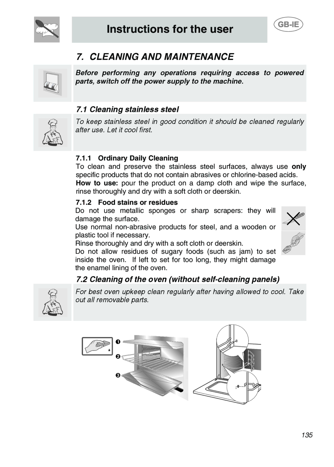 Smeg KE455N, KE280X Cleaning and Maintenance, Cleaning stainless steel, Cleaning of the oven without self-cleaning panels 