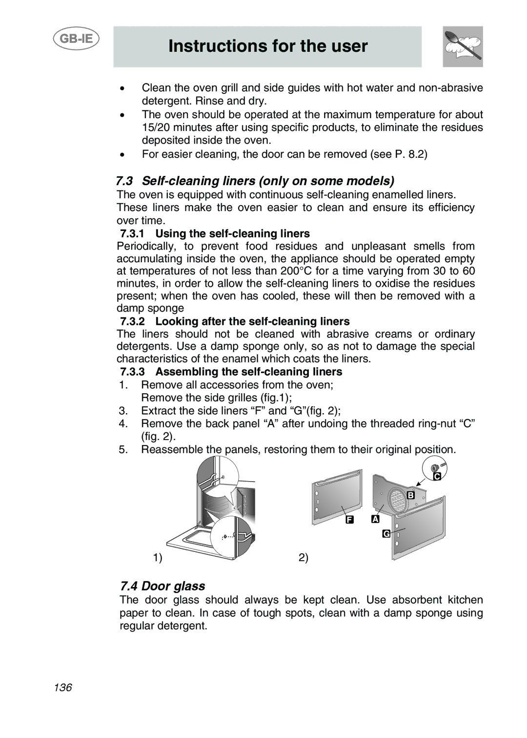 Smeg KE280X, KE455X, KE455EB, KE250X Self-cleaning liners only on some models, Door glass, Using the self-cleaning liners 