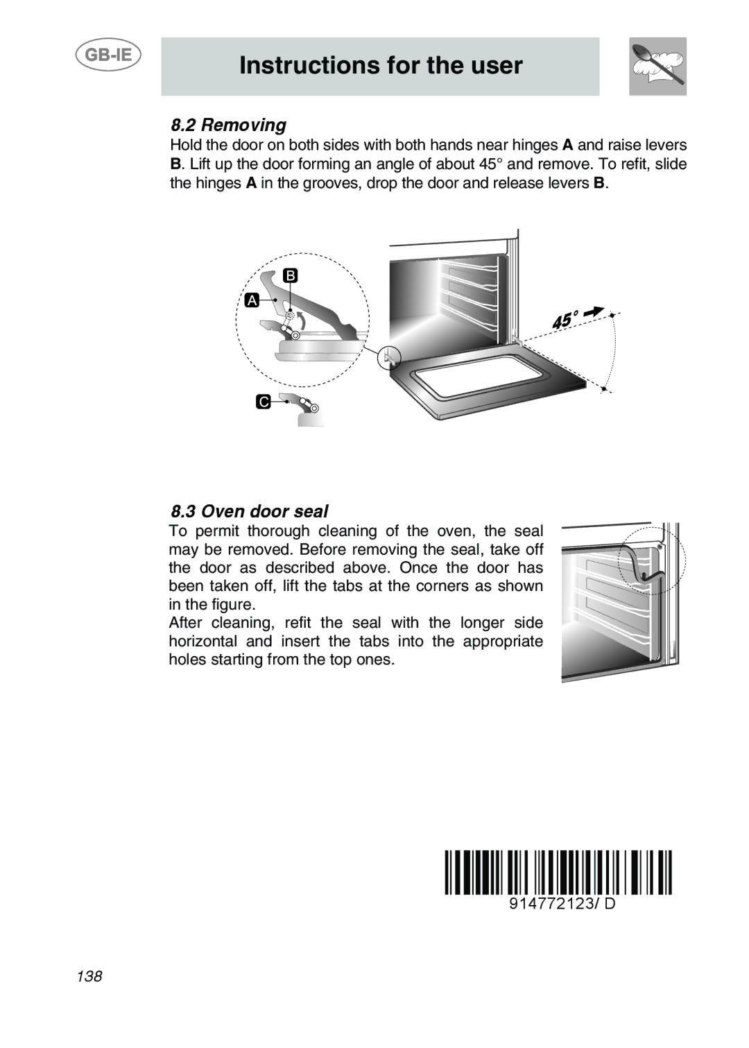 Smeg KE455EB, KE280X, KE455X, KE250X, KE455N manual Removing, Oven door seal 