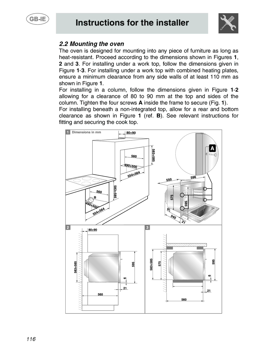 Smeg KE280X, KE455X, KE455EB, KE250X, KE455N manual Mounting the oven 