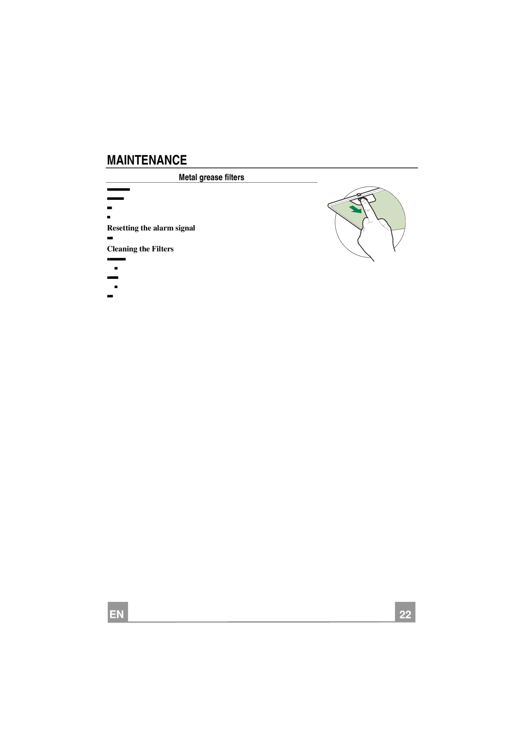 Smeg KIV90X manual Maintenance, Metal grease filters, Resetting the alarm signal, Cleaning the Filters 