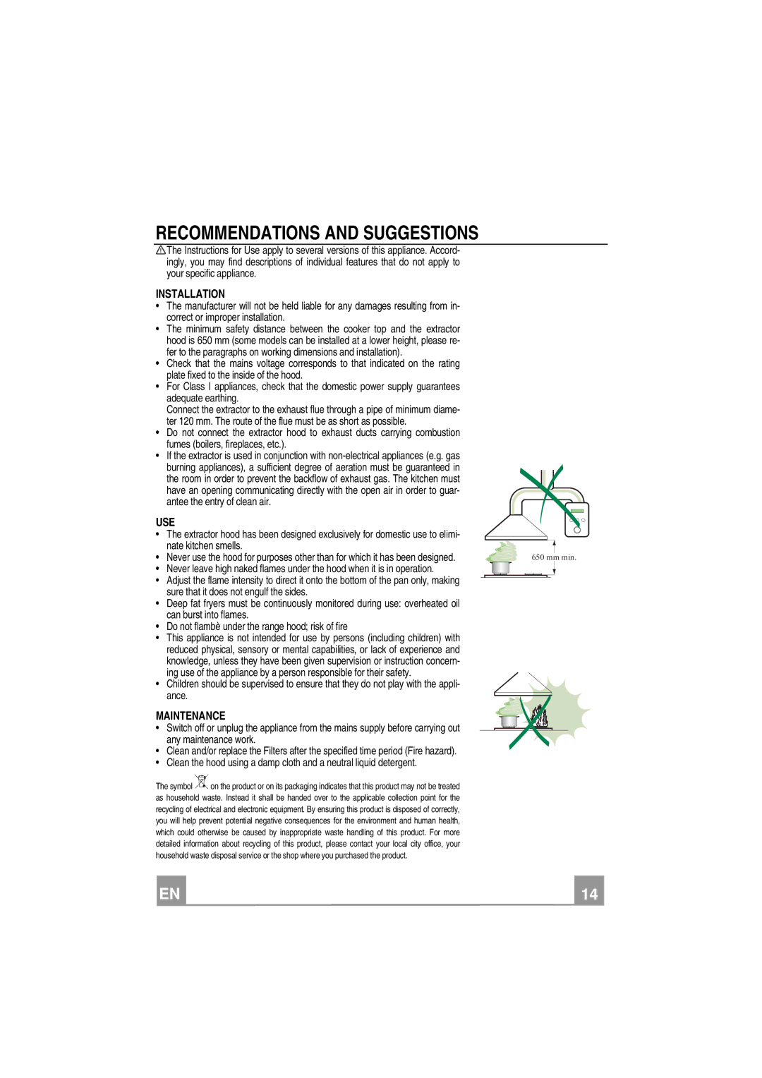 Smeg KIV90X manual Recommendations and Suggestions, Installation, Use, Maintenance 