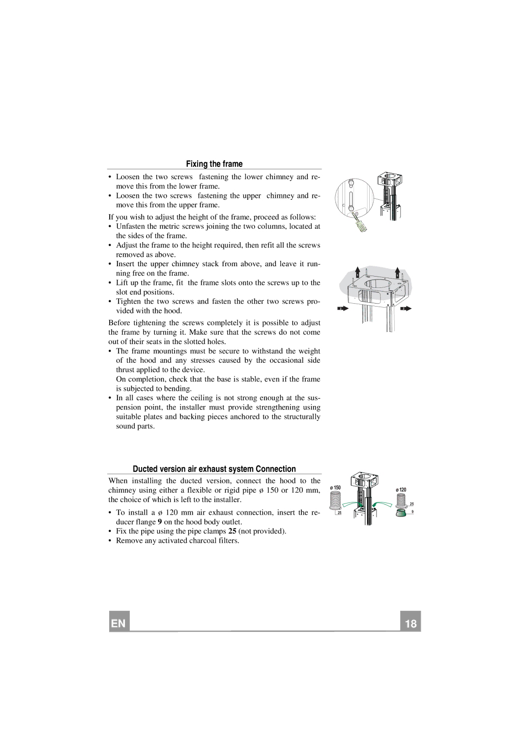 Smeg KIV90X manual Fixing the frame, Ducted version air exhaust system Connection 