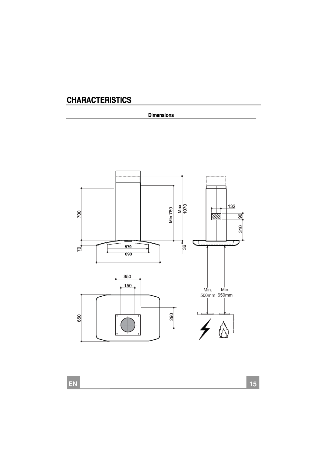 Smeg KIV90X manual Characteristics, Dimensions, 350 150, 132 310 Min. Min 500mm 650mm 