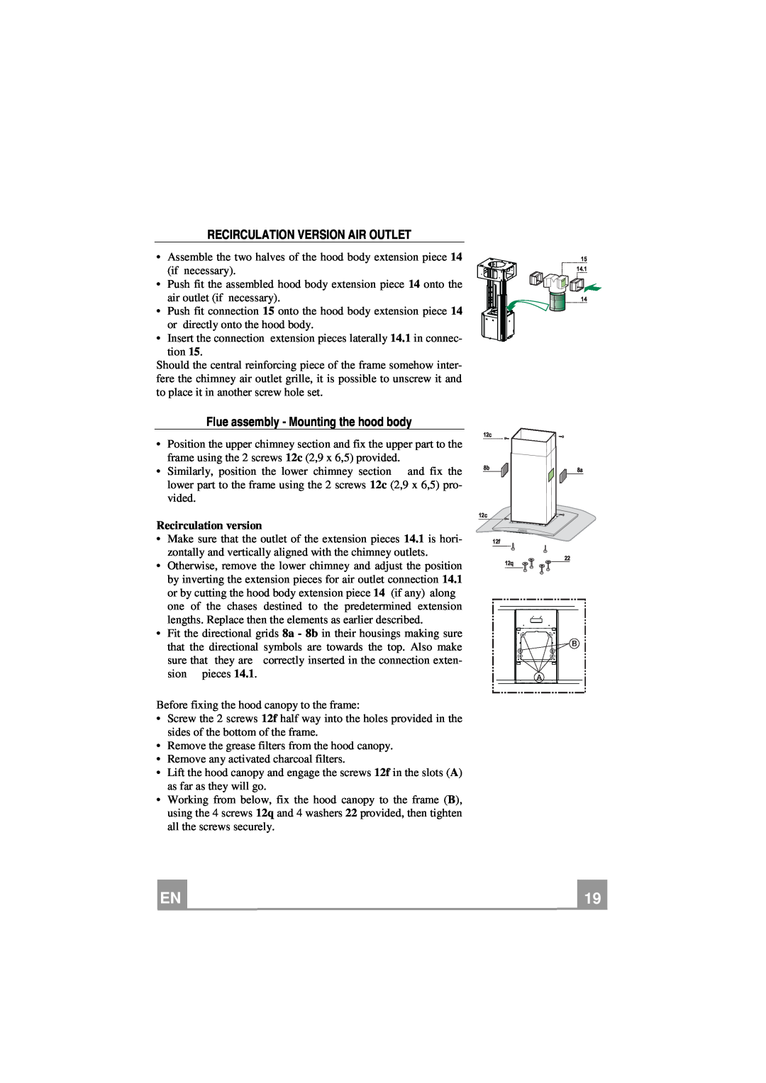 Smeg KIV90X manual Recirculation Version Air Outlet, Flue assembly - Mounting the hood body, Recirculation version 