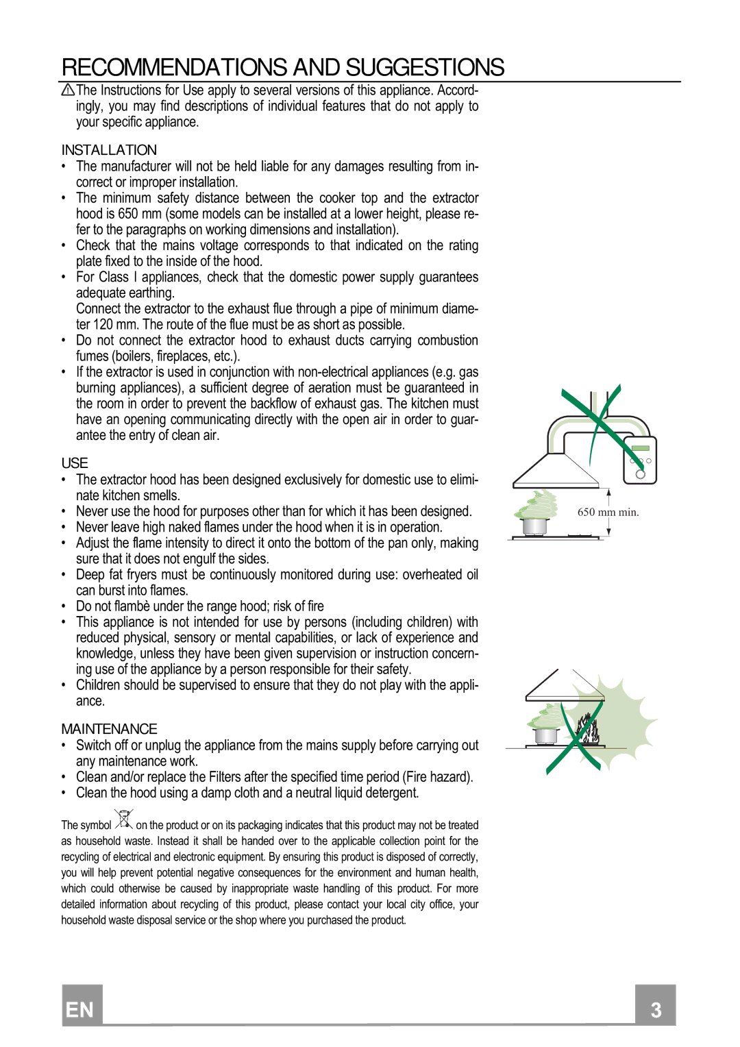 Smeg KIV90XT manual Recommendations and Suggestions, Installation, Use, Maintenance 