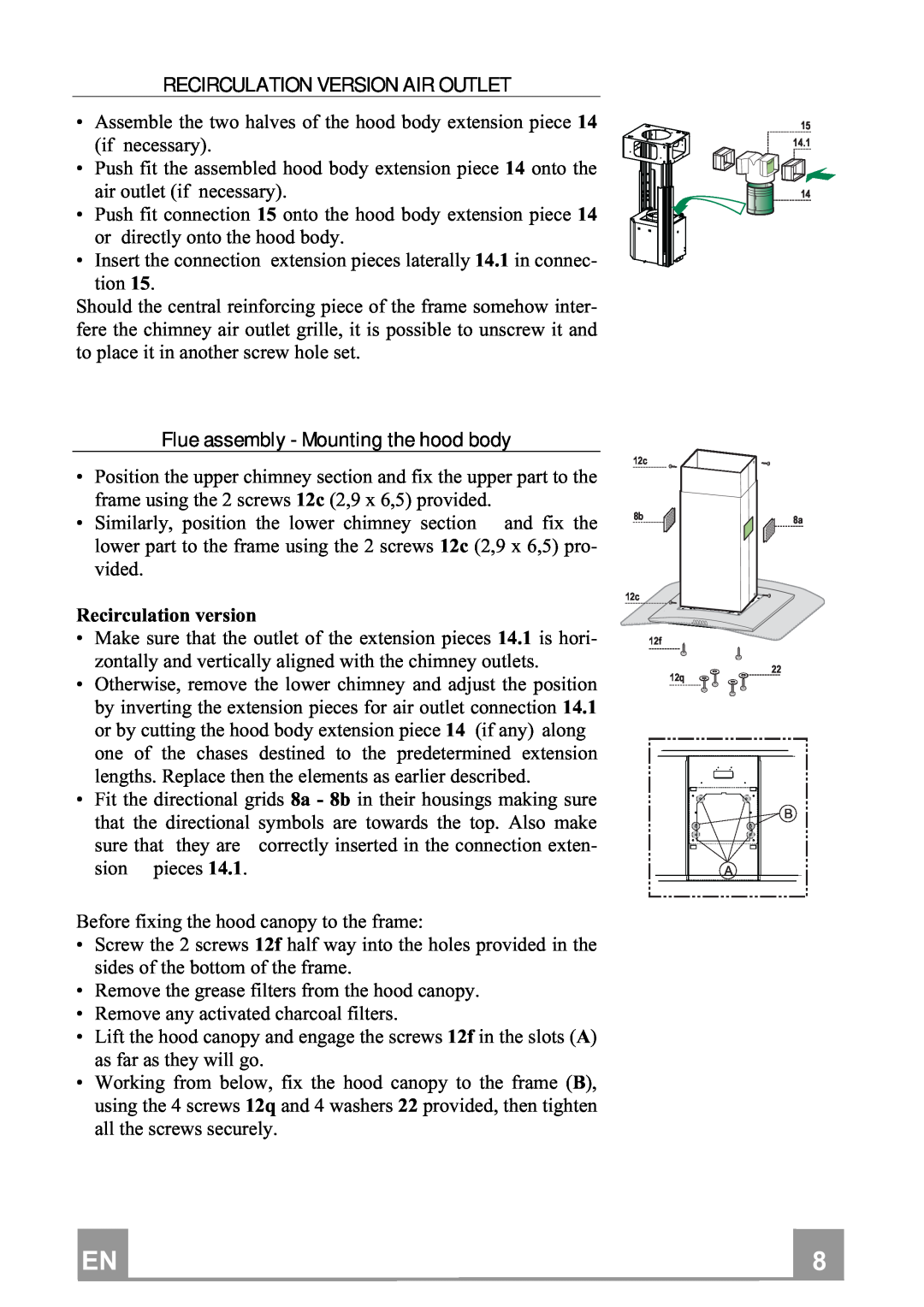 Smeg KIV90XT manual Recirculation Version Air Outlet, Flue assembly - Mounting the hood body, Recirculation version 