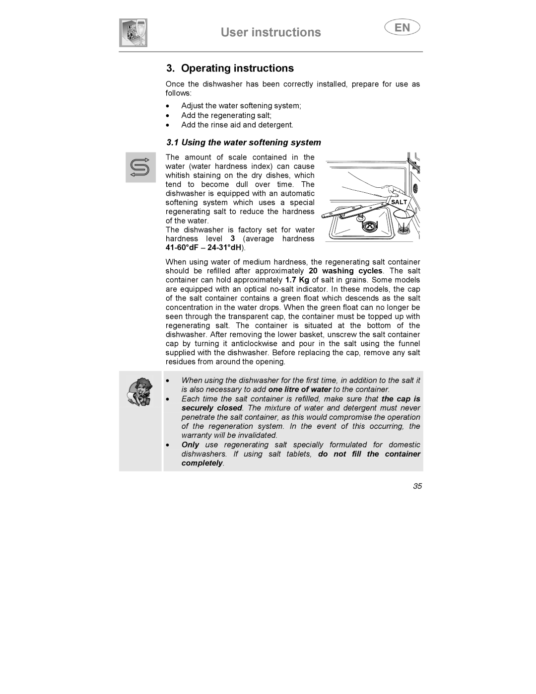 Smeg KLS1257B, KLS01-2 instruction manual Operating instructions, Using the water softening system 