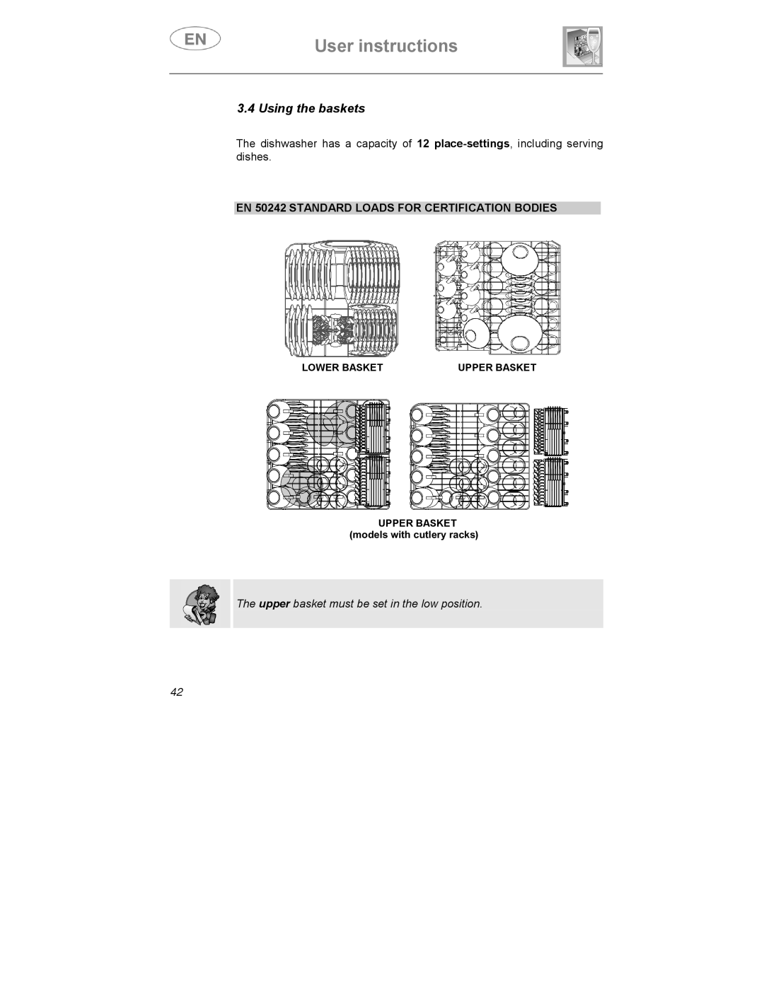 Smeg KLS01-2, KLS1257B instruction manual Using the baskets, EN 50242 Standard Loads for Certification Bodies 