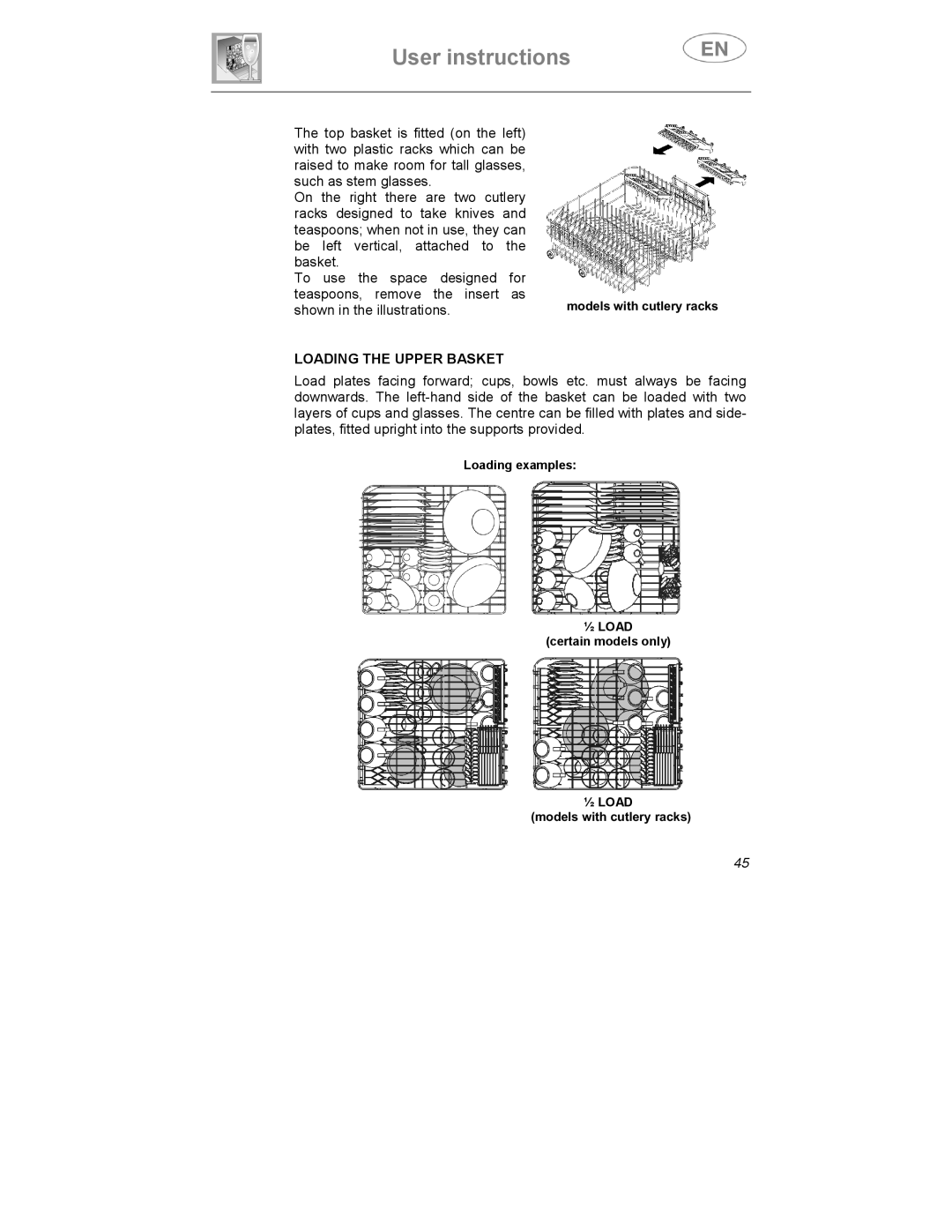 Smeg KLS1257B, KLS01-2 instruction manual Loading the Upper Basket 