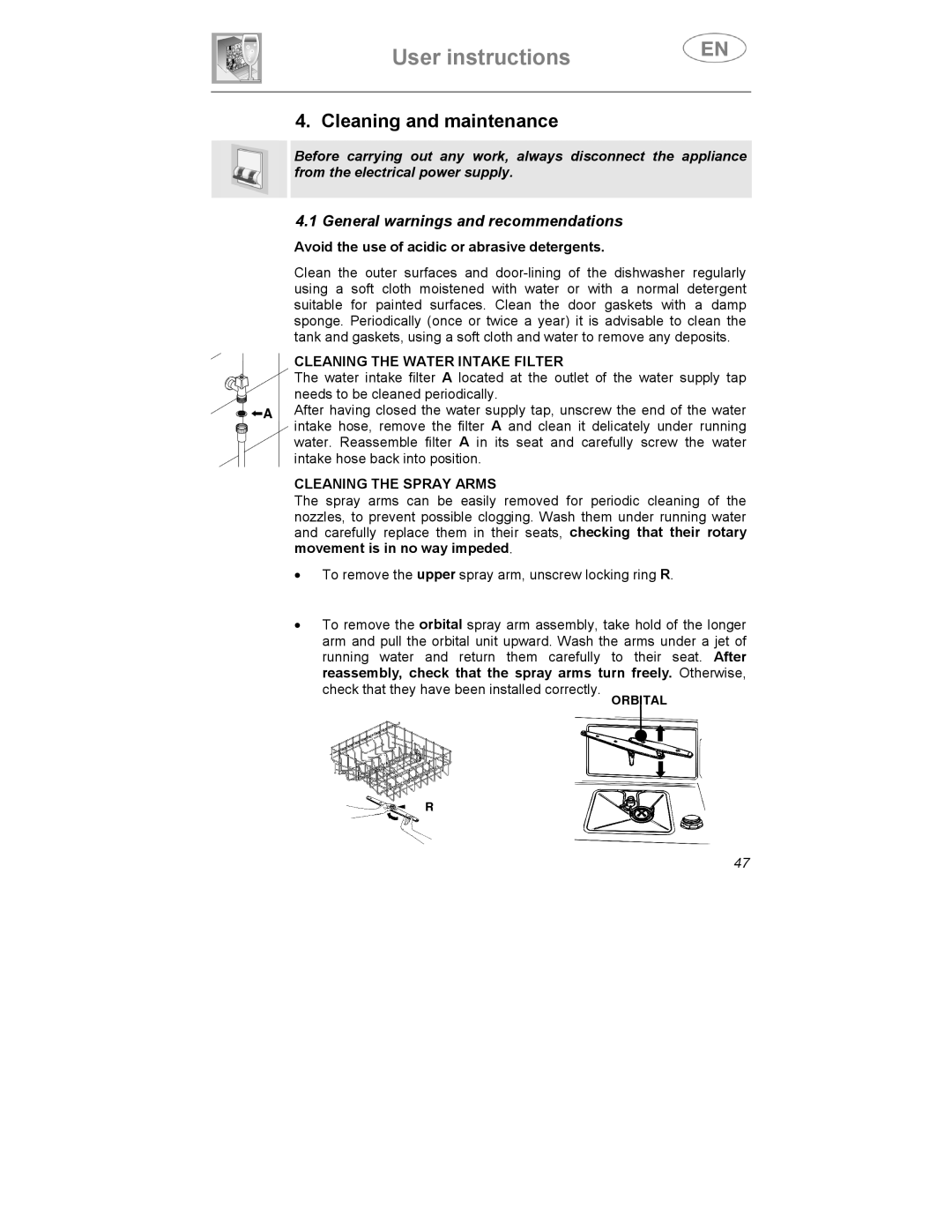 Smeg KLS1257B, KLS01-2 Cleaning and maintenance, Cleaning the Water Intake Filter, Cleaning the Spray Arms 