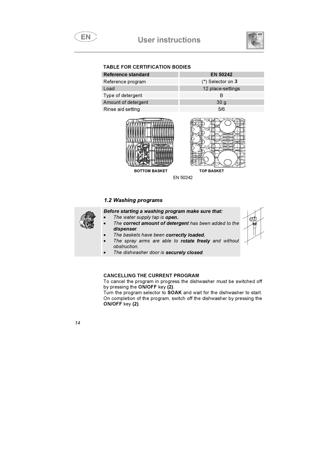 Smeg KLS01-2, KLS1257B Washing programs, Table for Certification Bodies, Before starting a washing program make sure that 