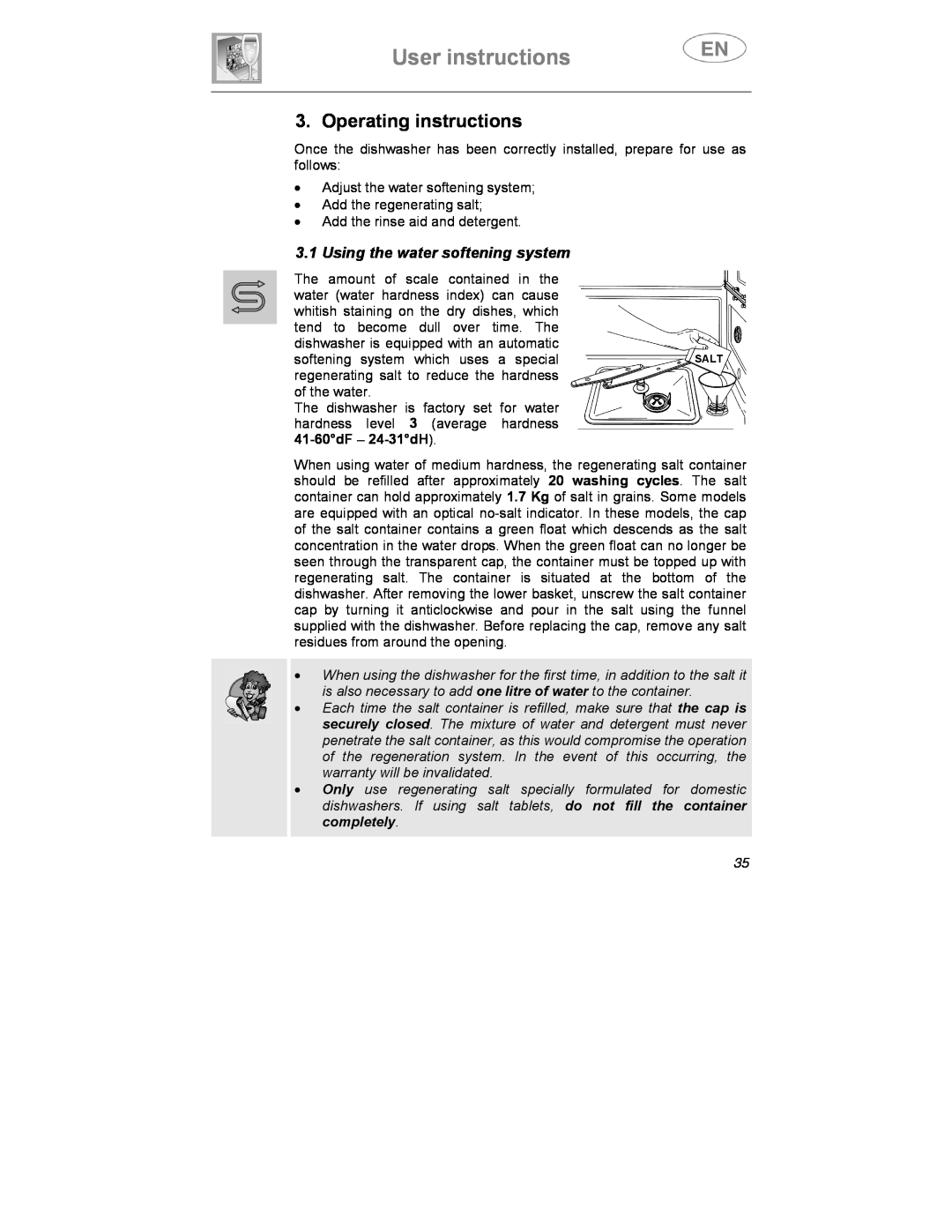Smeg KLS1257B, KLS01-2 instruction manual User instructions, Operating instructions, Using the water softening system 