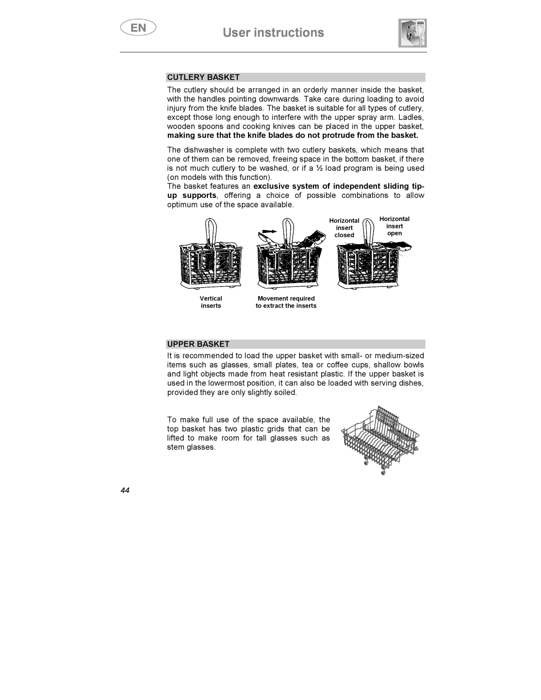 Smeg KLS01-2, KLS1257B instruction manual User instructions, Cutlery Basket, Upper Basket 